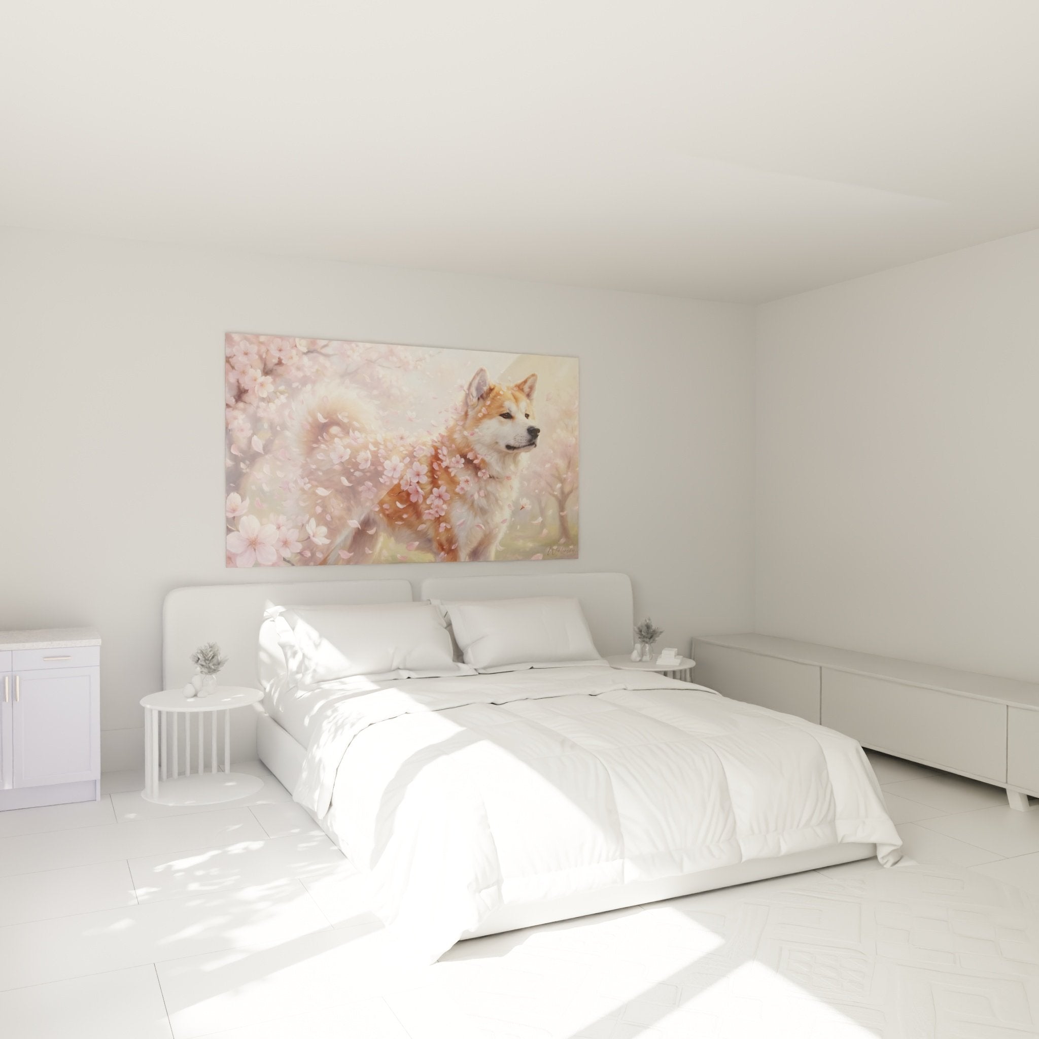 Décoration chambre tableau Akita Inu fleurs cerisier roses ambiance zen tons pastel art mural japonais