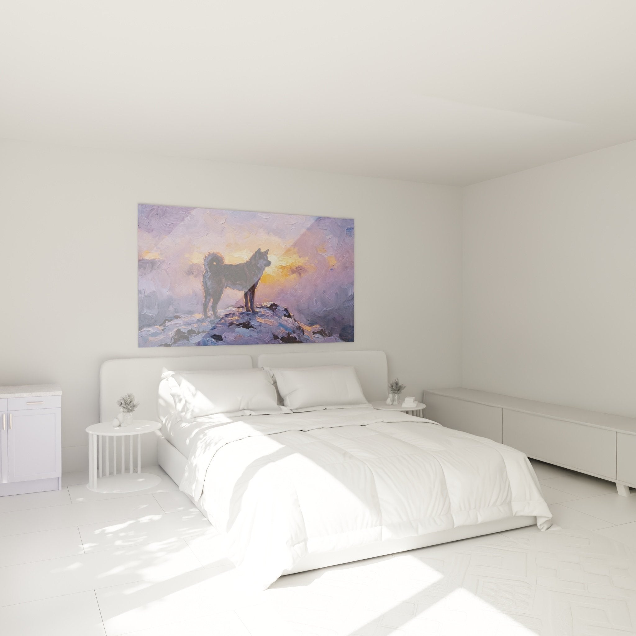 Décoration chambre tableau Akita Inu contemplatif ciel violet orangé ambiance apaisante méditative