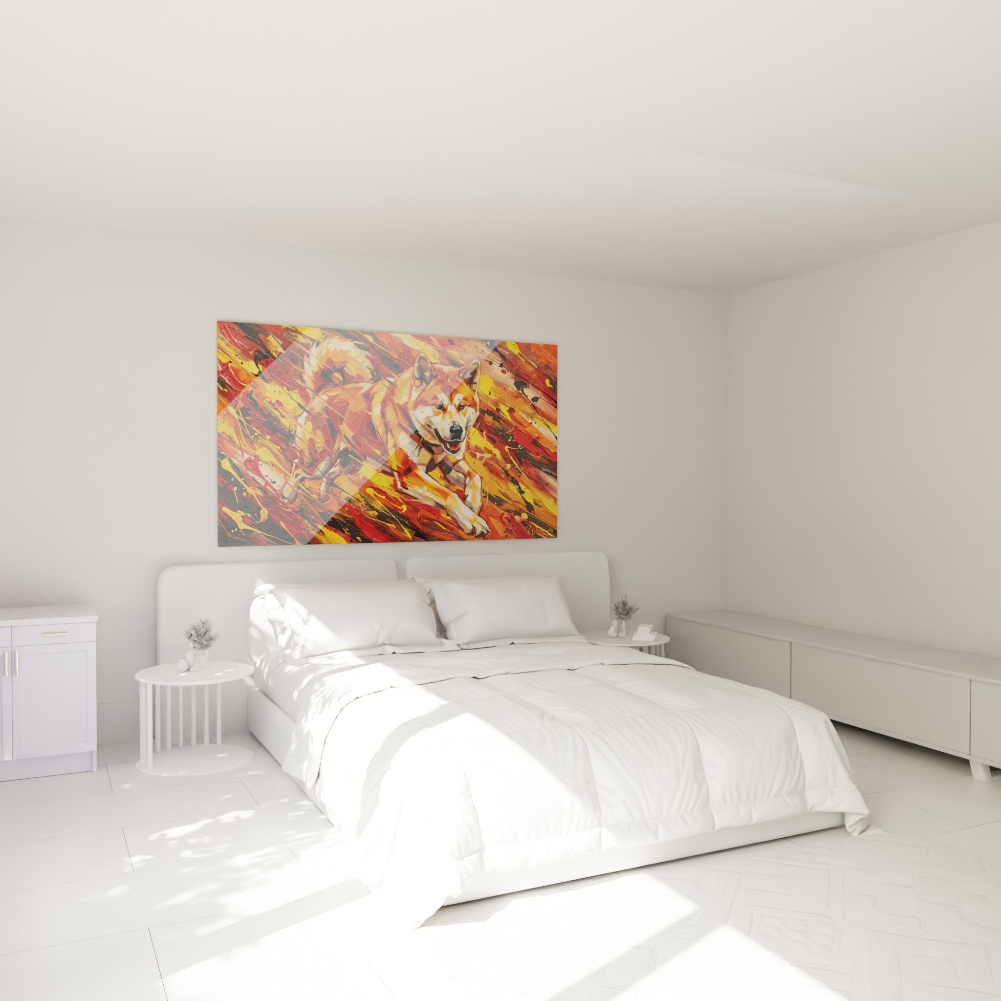 Decoration murale Akita Inu flamboyant dans chambre moderne avec couleurs chaudes