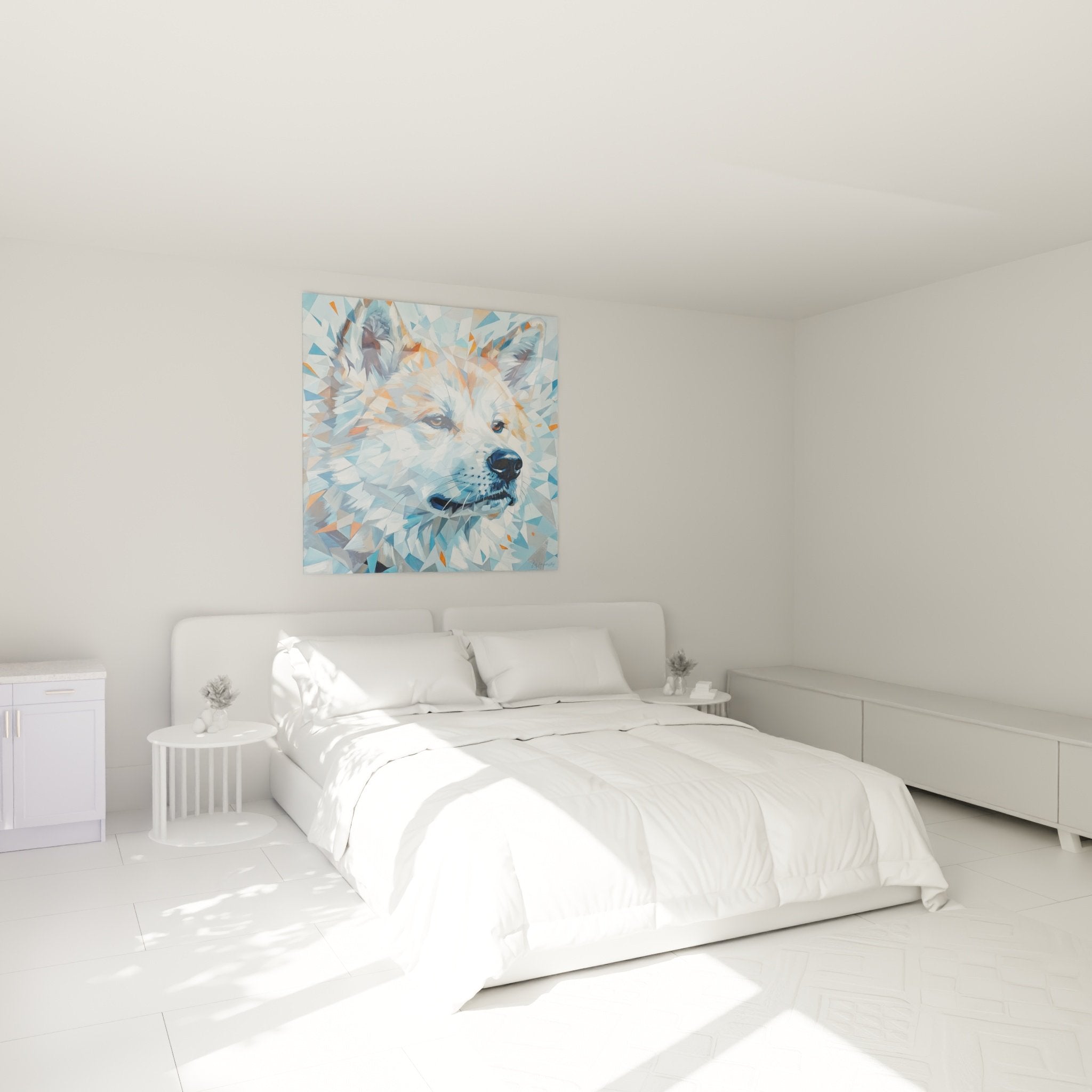 Geometrische Akita-Inu-Wanddekoration im modernen Schlafzimmer mit weißer Wand und beruhigender Atmosphäre