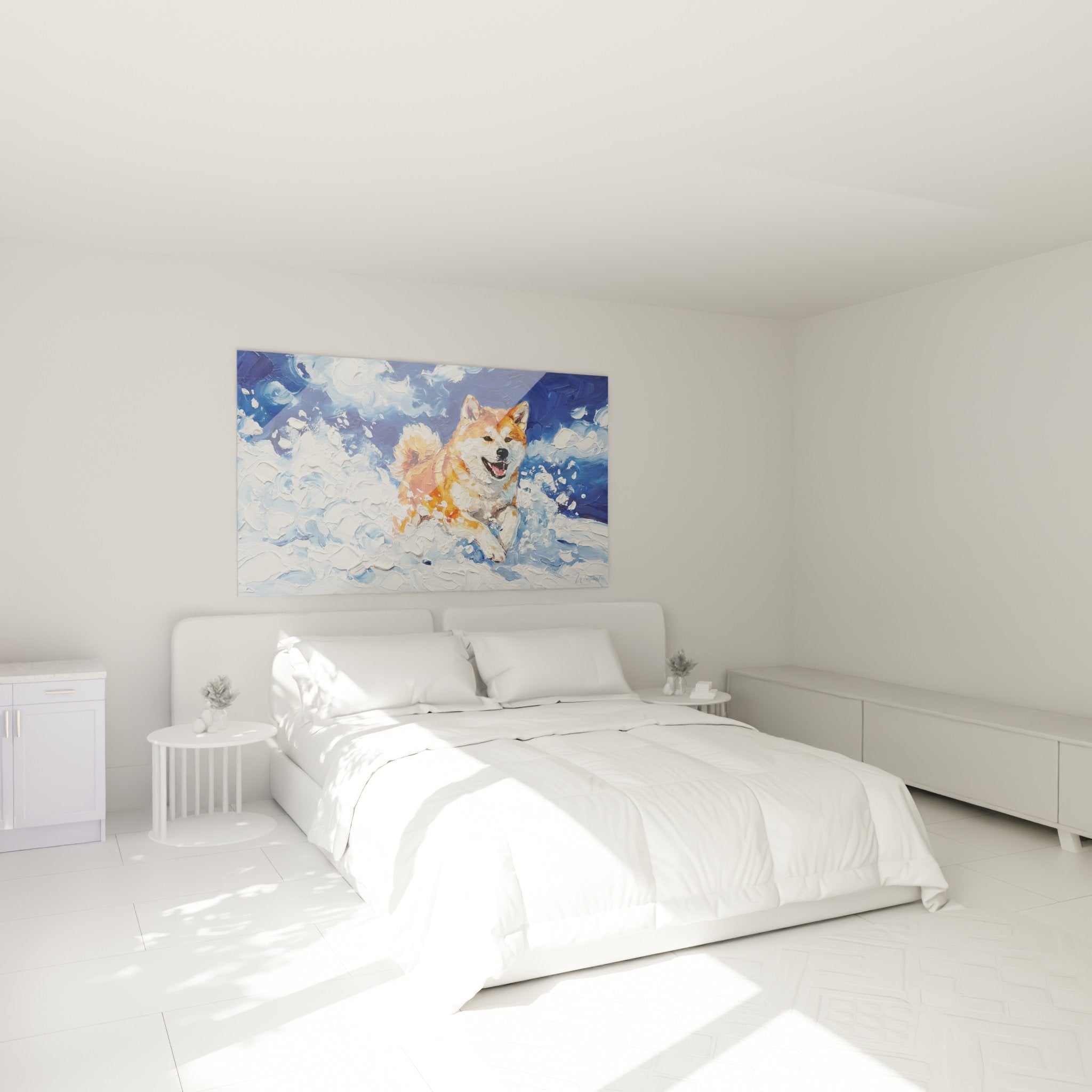 decoration murale akita inu neige dans chambre moderne avec mobilier bois naturel