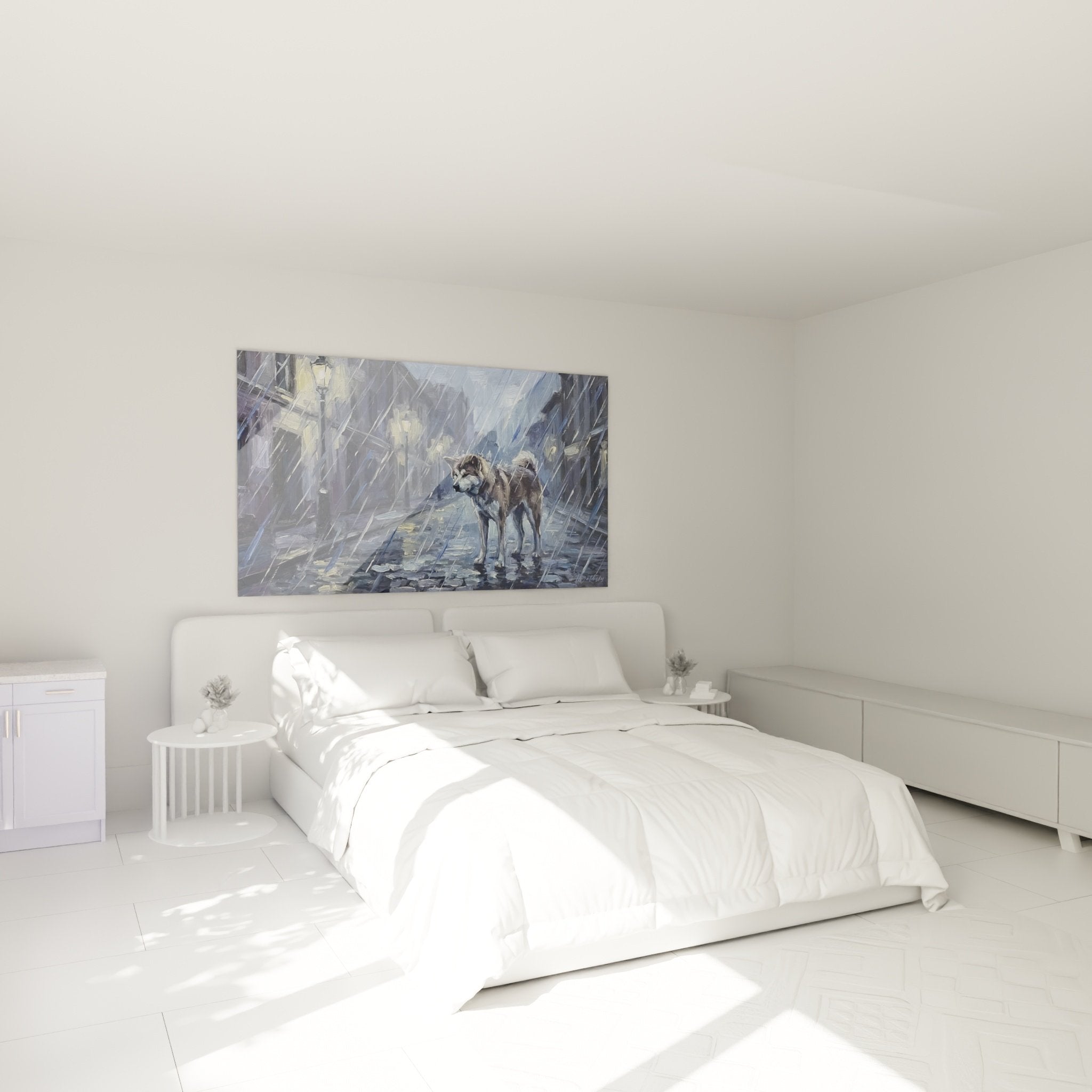 Tableau Akita Inu pluie nocturne accroché au mur chambre moderne décoration murale urbaine