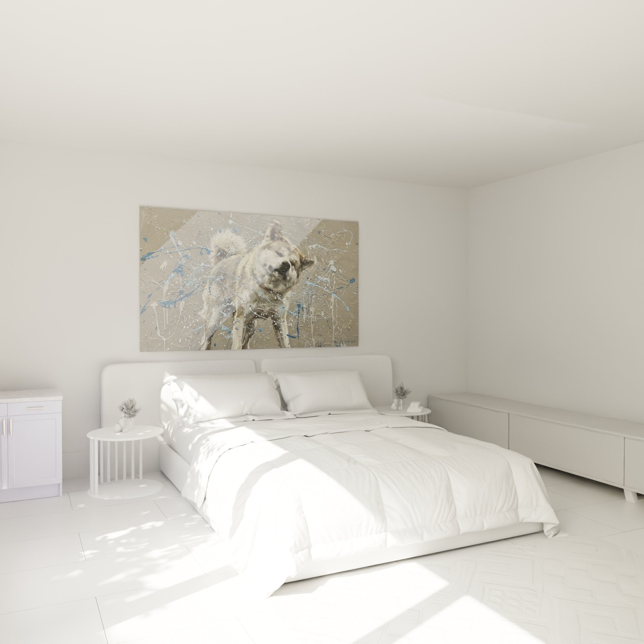 Décoration murale chambre avec tableau Akita Inu éclaboussures bleues style contemporain