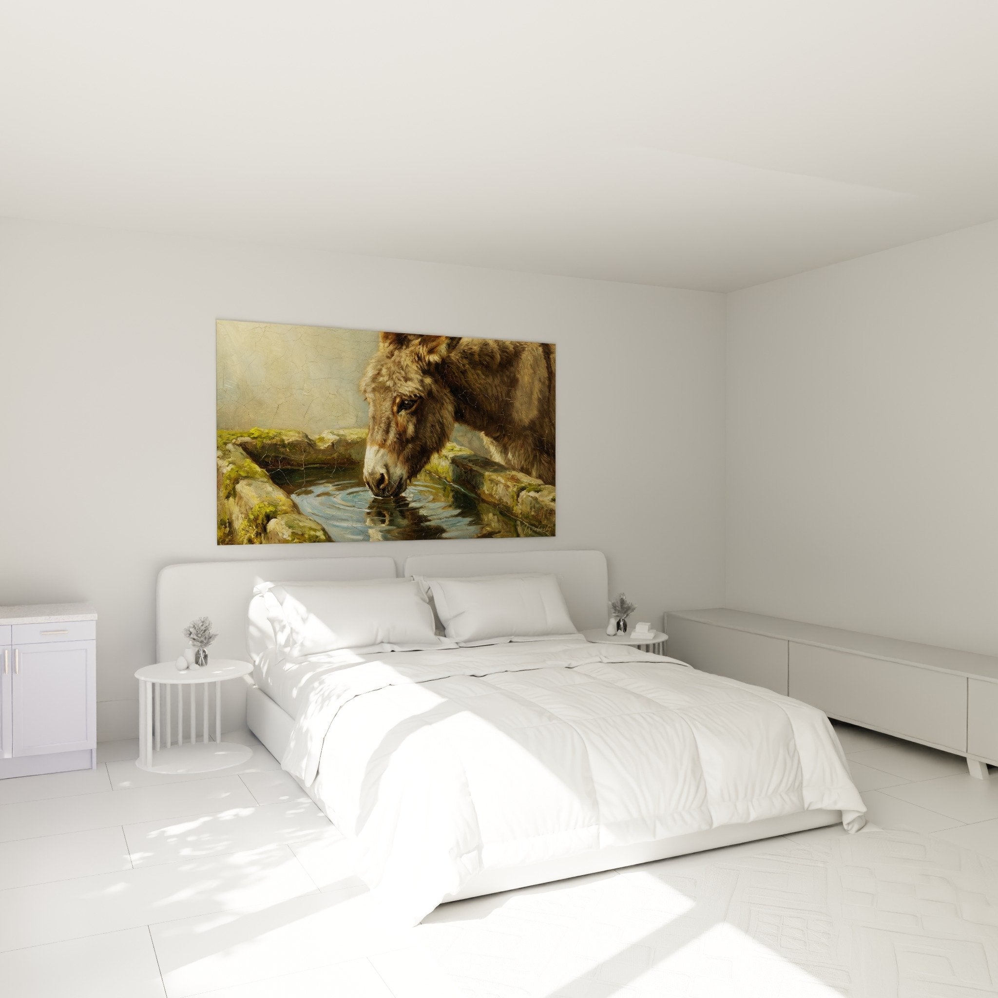 Schlafzimmer Deko Bild Esel trinkt aus Becken Moos natürliche beruhigende Atmosphäre Beigetöne
