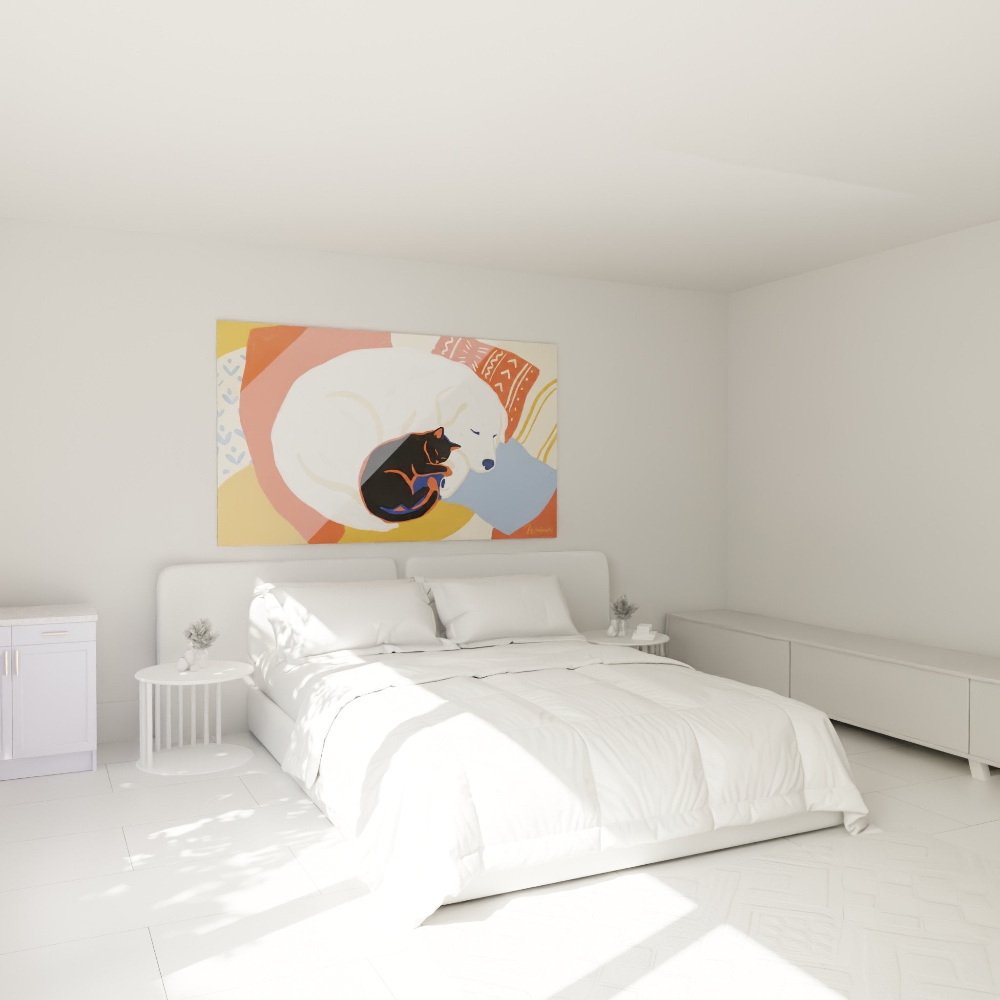 wanddeko schlafzimmer katze hund schlafend zusammen warme farben beruhigend pyrenäen berge