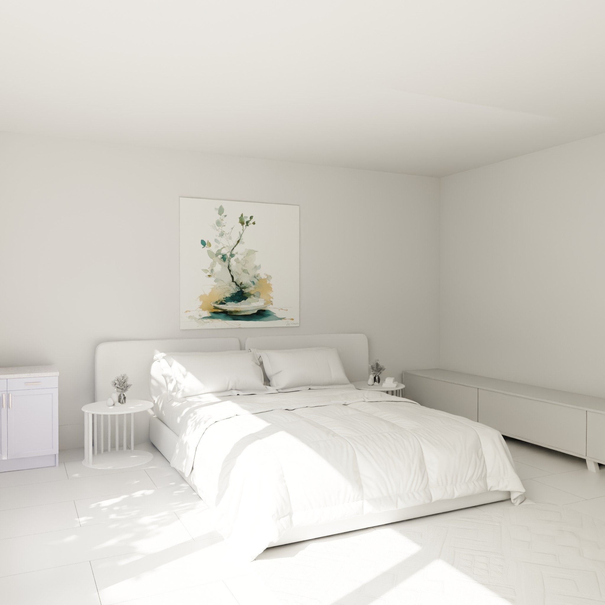 Decoration murale aquarelle eucalyptus chambre zen ambiance apaisante tons verts beiges style japonais ikebana