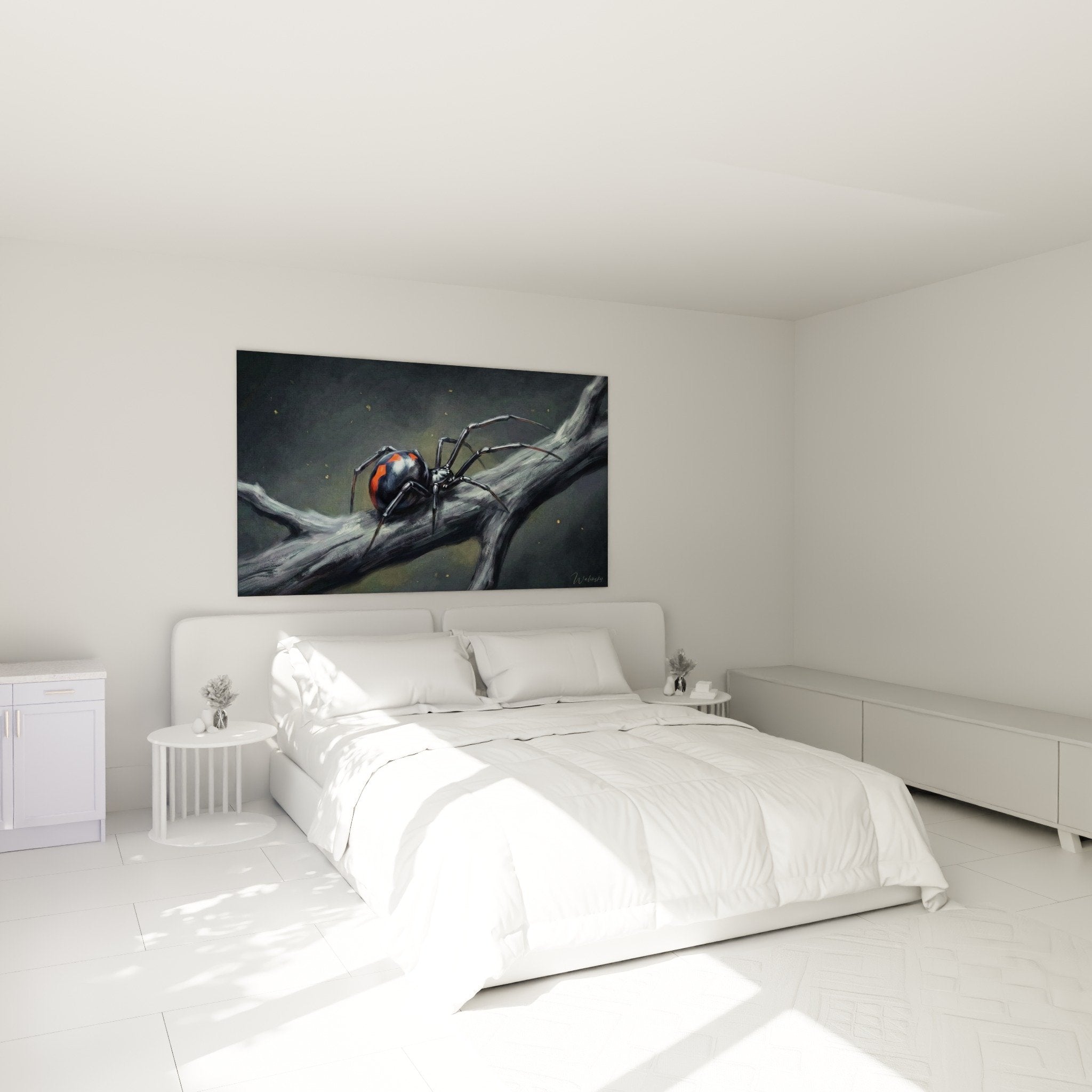 Schlafzimmer-Deko mit schwarzrot gothischer Spinnen-Kunstdruck schafft eine raffinierte und mystische Atmosphäre