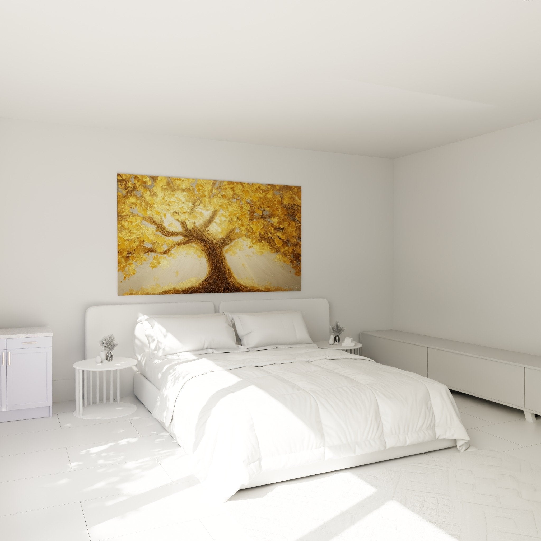 Decoration murale arbre dore dans chambre moderne, ambiance chaleureuse et apaisante, tons beige et bronze