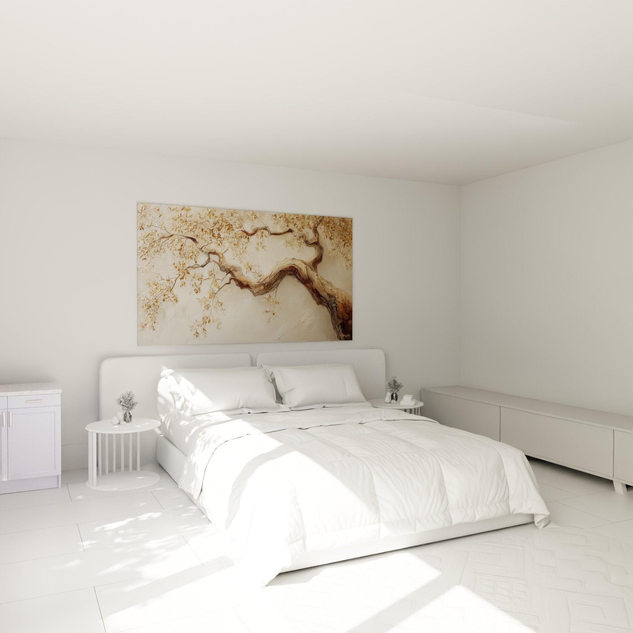 Schlafzimmer Dekoration Gemälde Lebensbaum Ast goldene Prägung entspannende Atmosphäre beige gold elegantes Kopfteil
