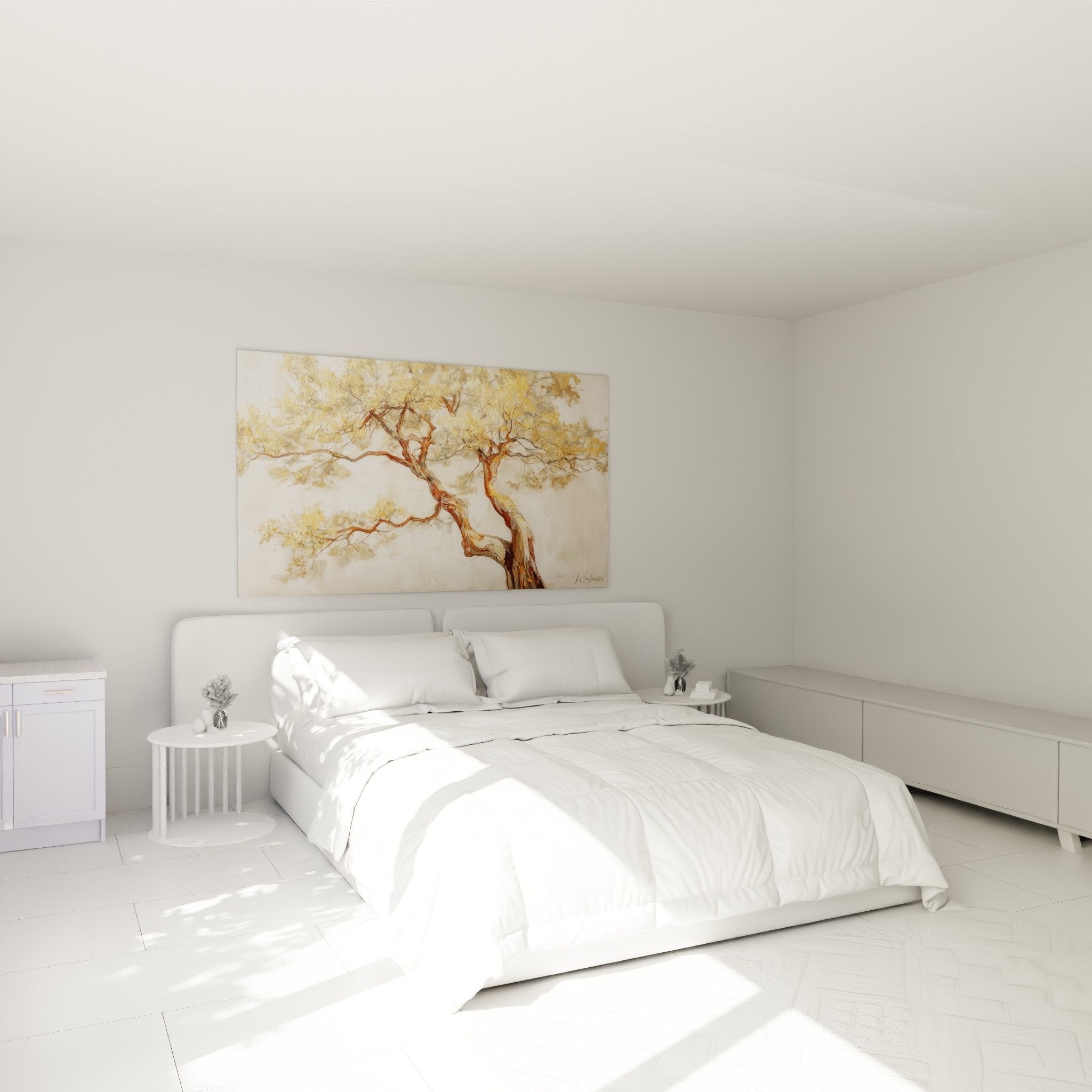 Décoration chambre avec tableau arbre de vie doré, ambiance zen et apaisante dans intérieur moderne