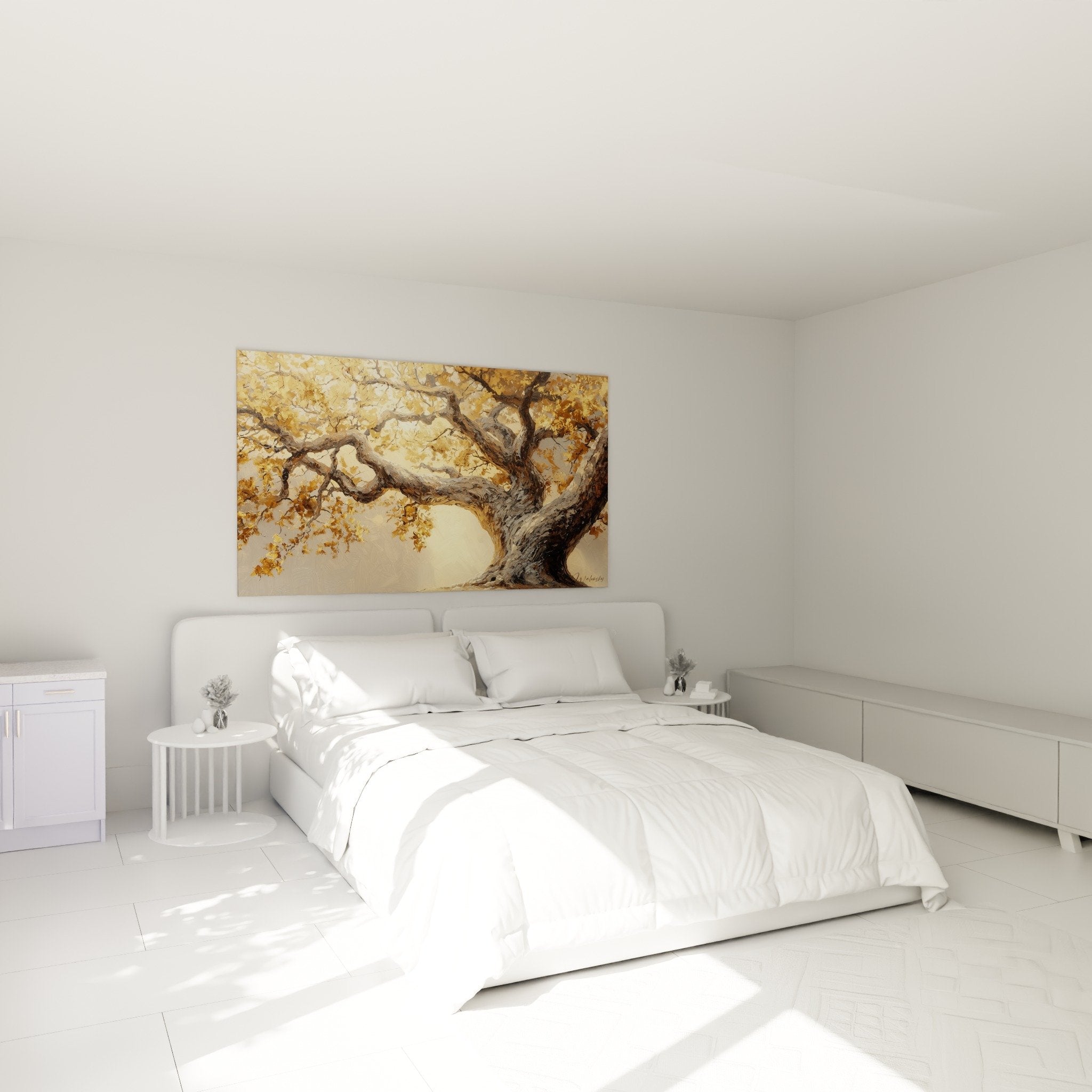 bedroom decor golden tree painting majestic warm serene atmosphere white wall natural furniture