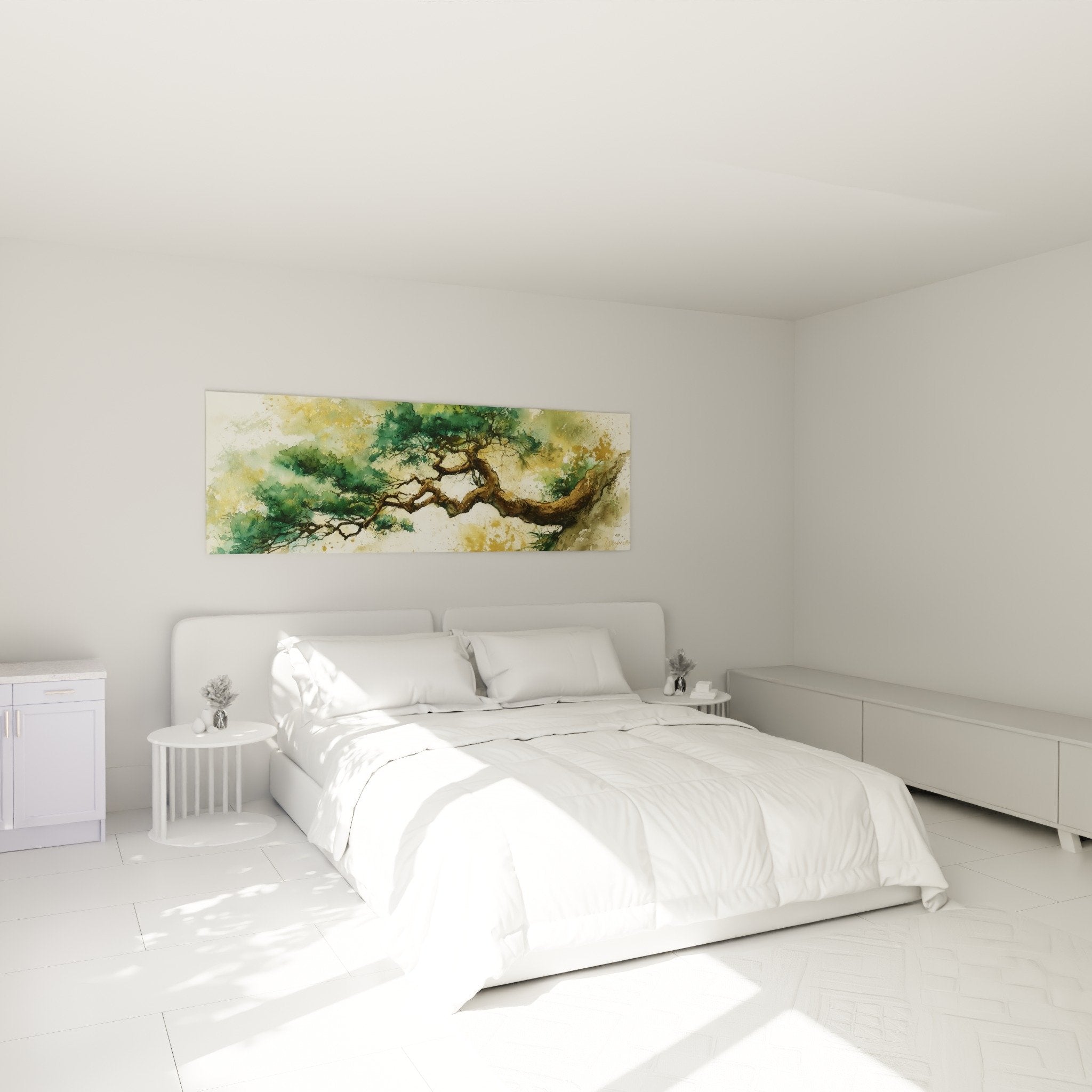 Wanddekoration Zen-Baum smaragdgrün im modernen Schlafzimmer, beruhigende Feng-Shui-Atmosphäre mit Holz