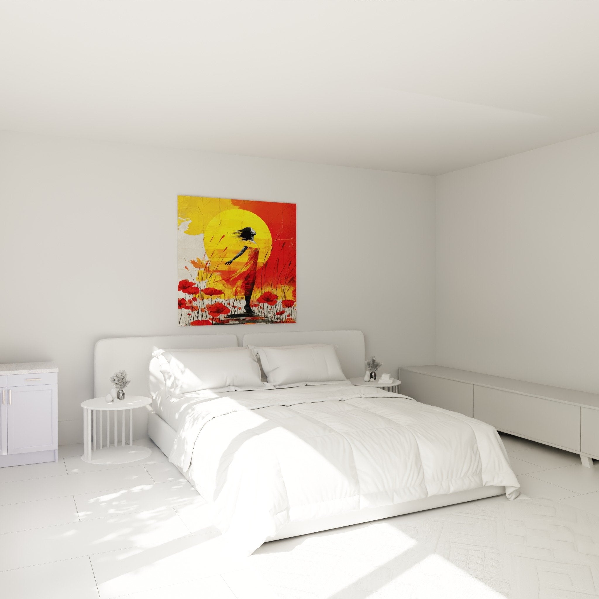Decoration murale chambre femme soleil couchant couleurs chaudes coquelicots ambiance romantique
