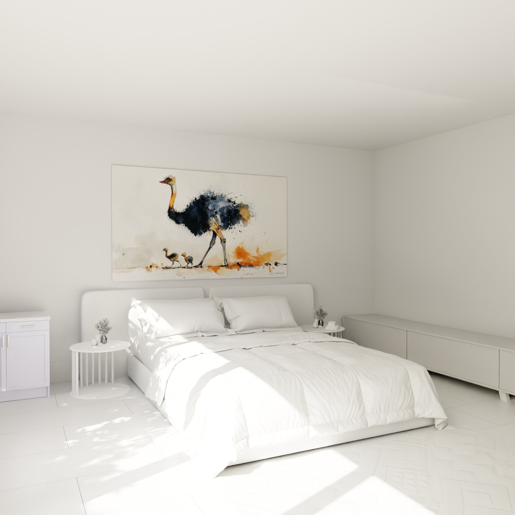 Décoration murale autruche aquarelle dans chambre moderne, ambiance naturelle et apaisante
