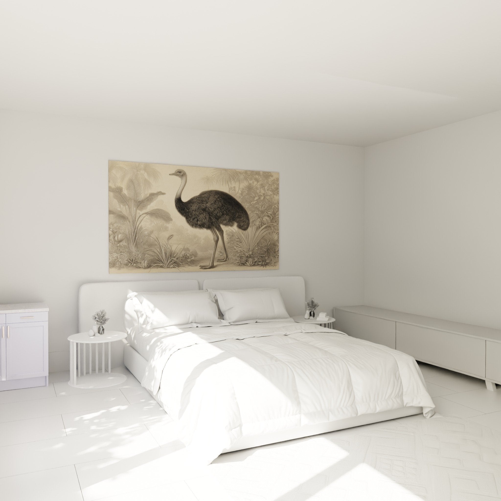 Decoration murale autruche gravure sepia ambiance chambre naturelle tropicale vintage