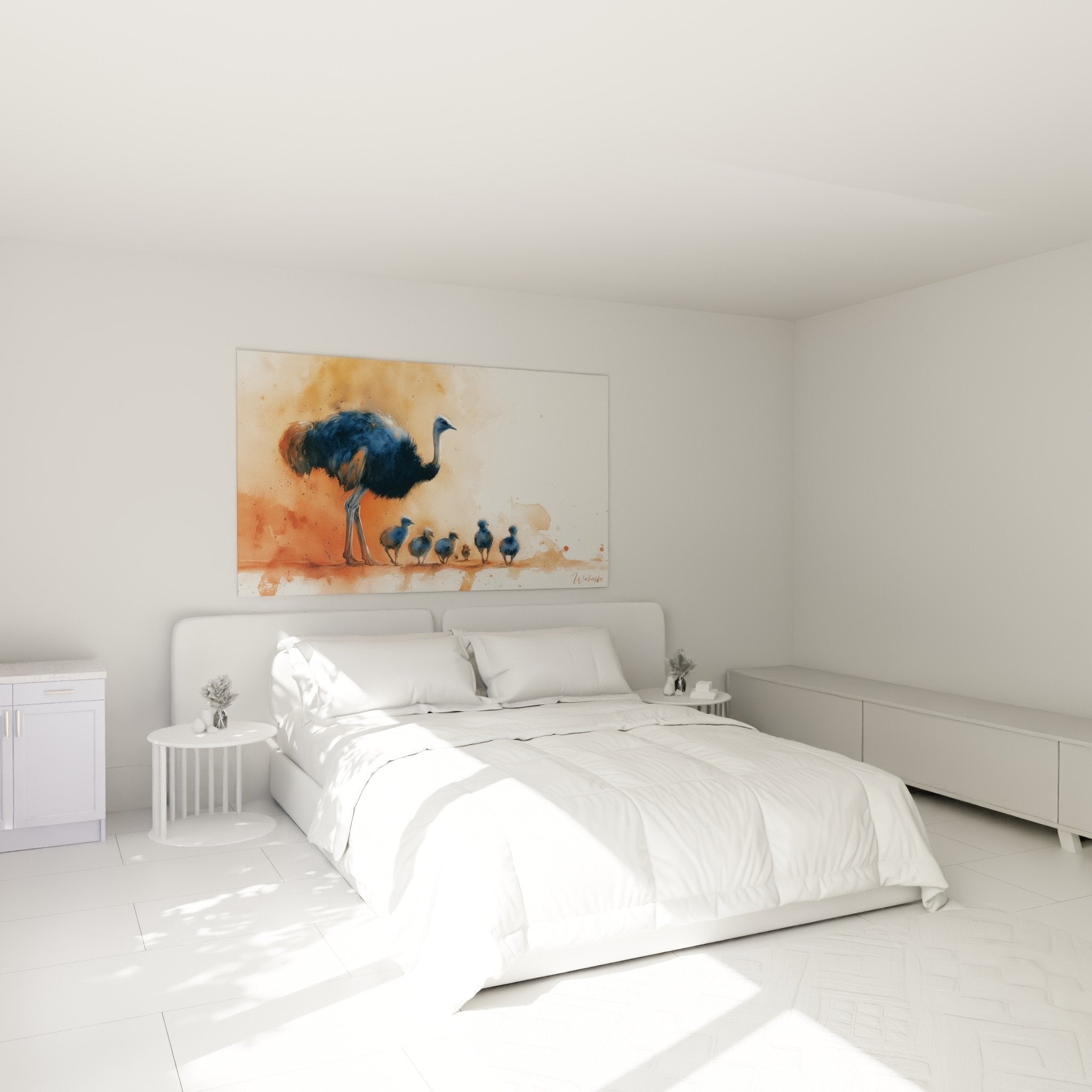 Décoration chambre tableau autruche famille aquarelle orange ambiance chaleureuse naturelle