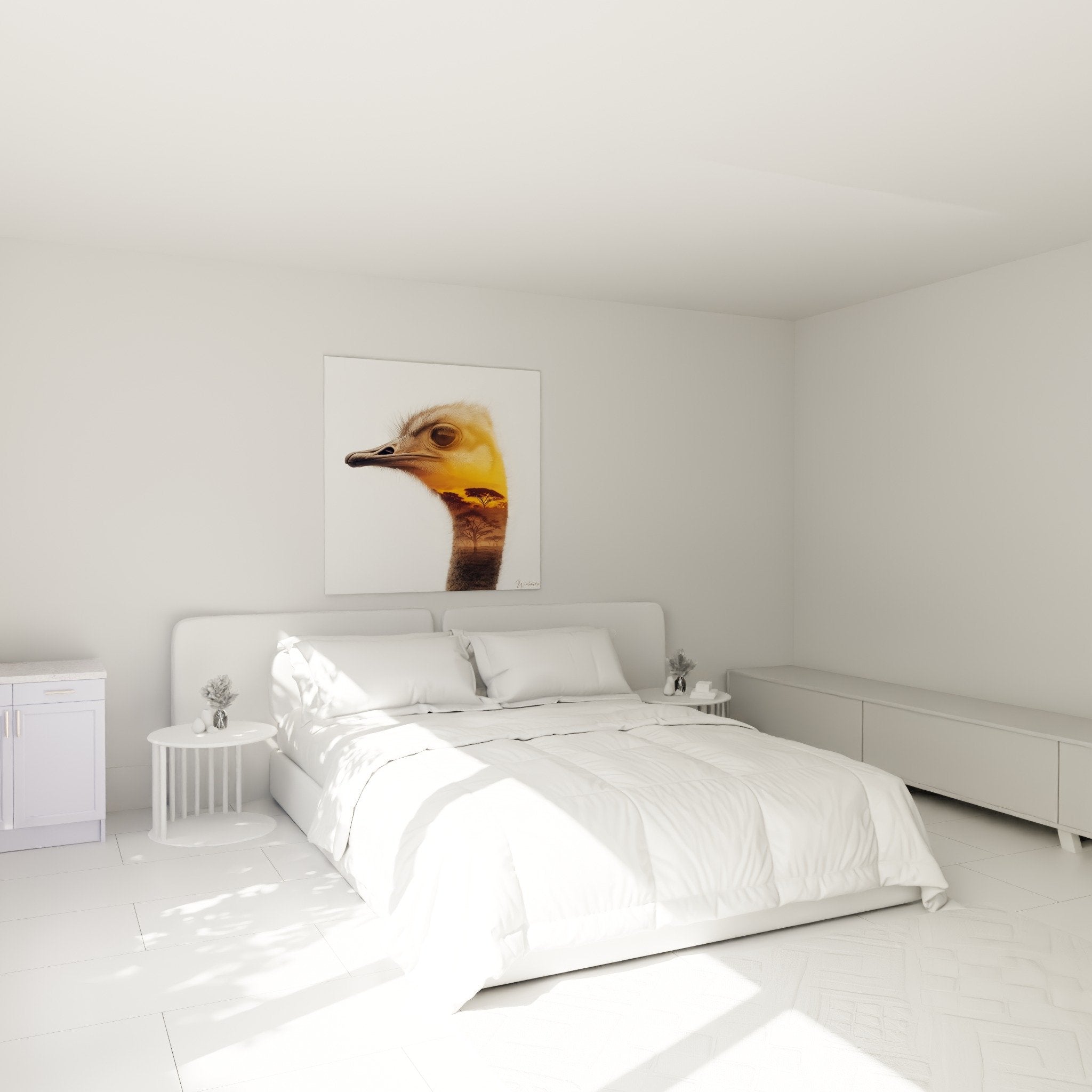 Deco chambre tableau autruche savane africaine couleurs chaudes ambiance nature art mural