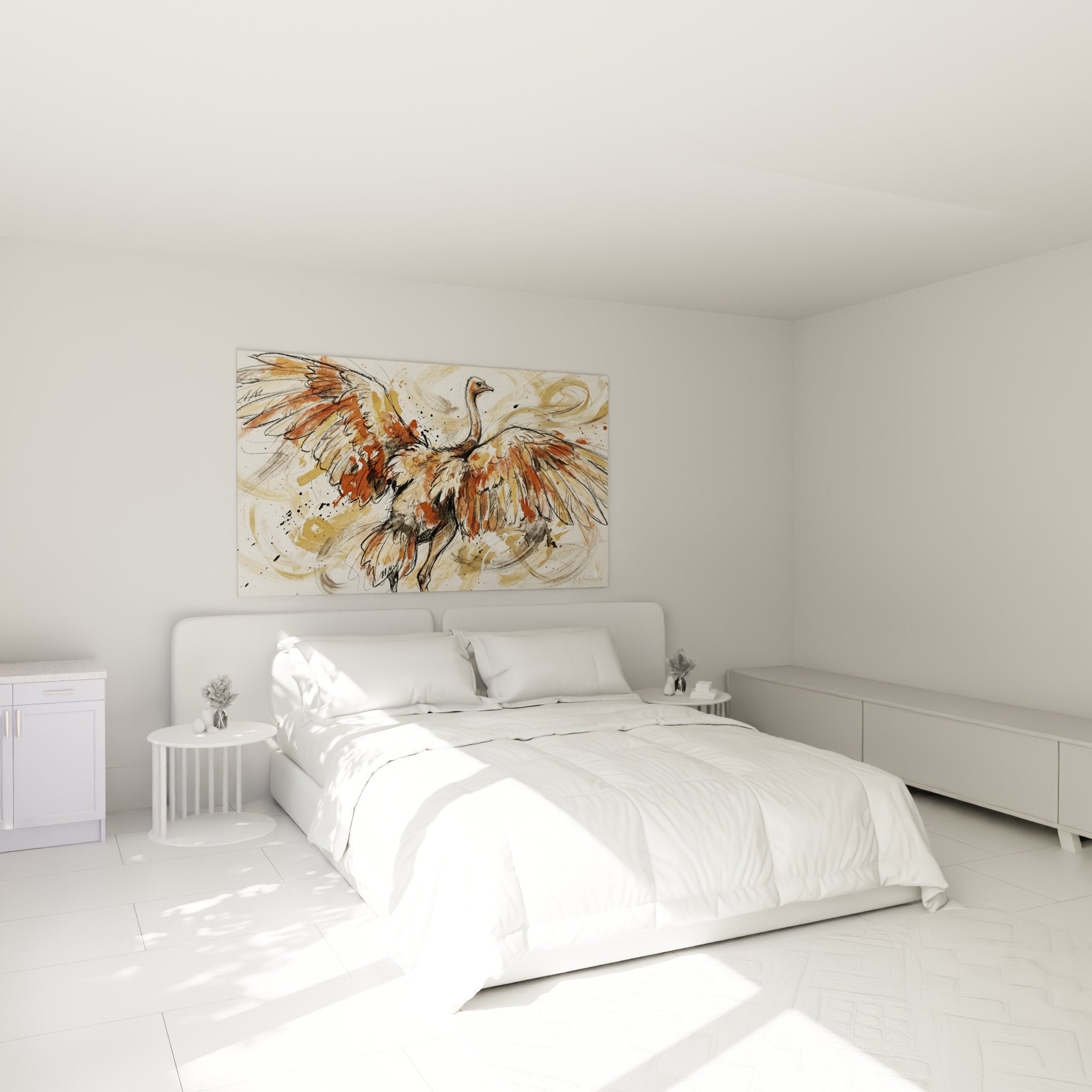 Decoration murale chambre autruche ailes ouvertes couleurs terre ambiance naturelle art contemporain