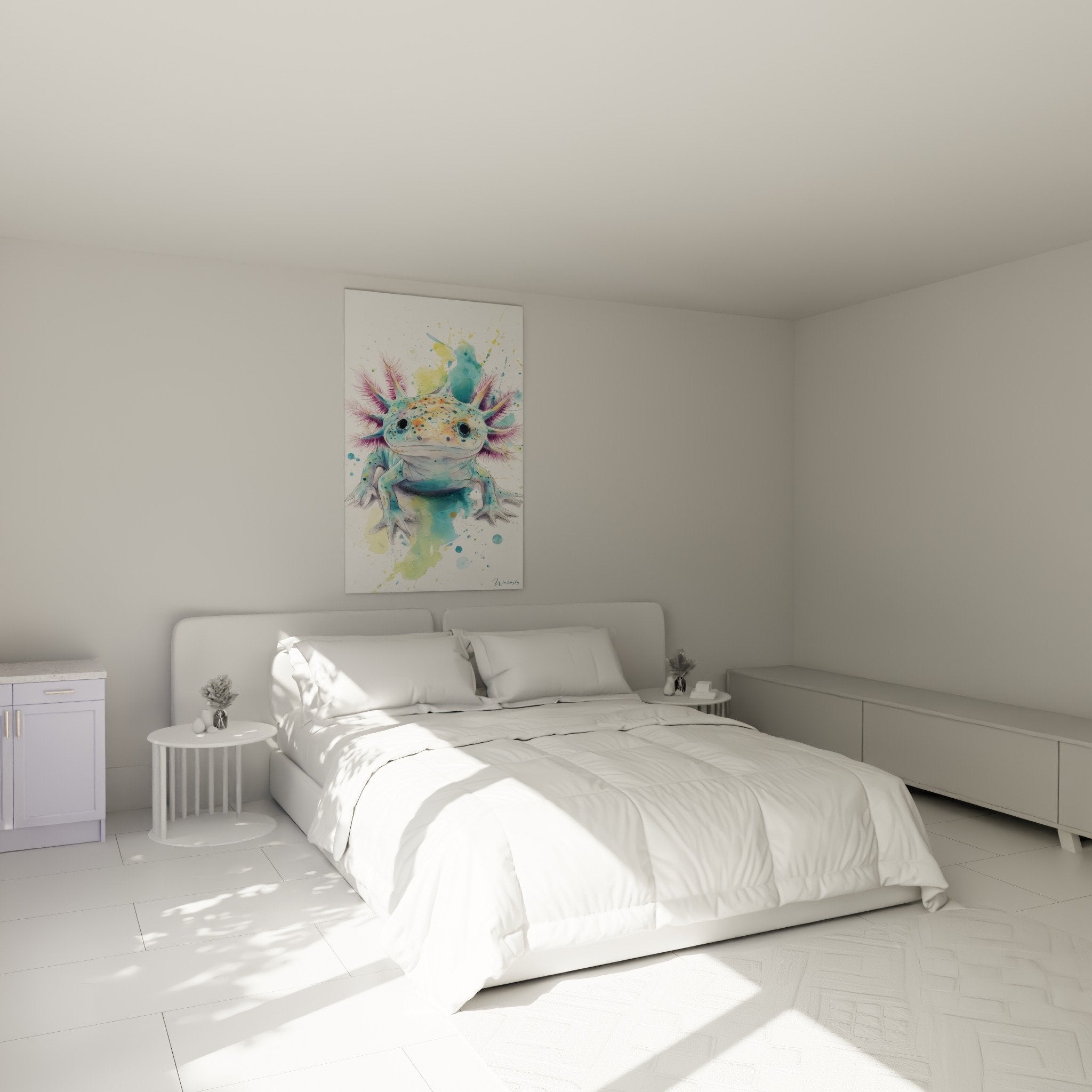 Decoration murale axolotl aquarelle chambre ambiance douce tons pastel turquoise rose