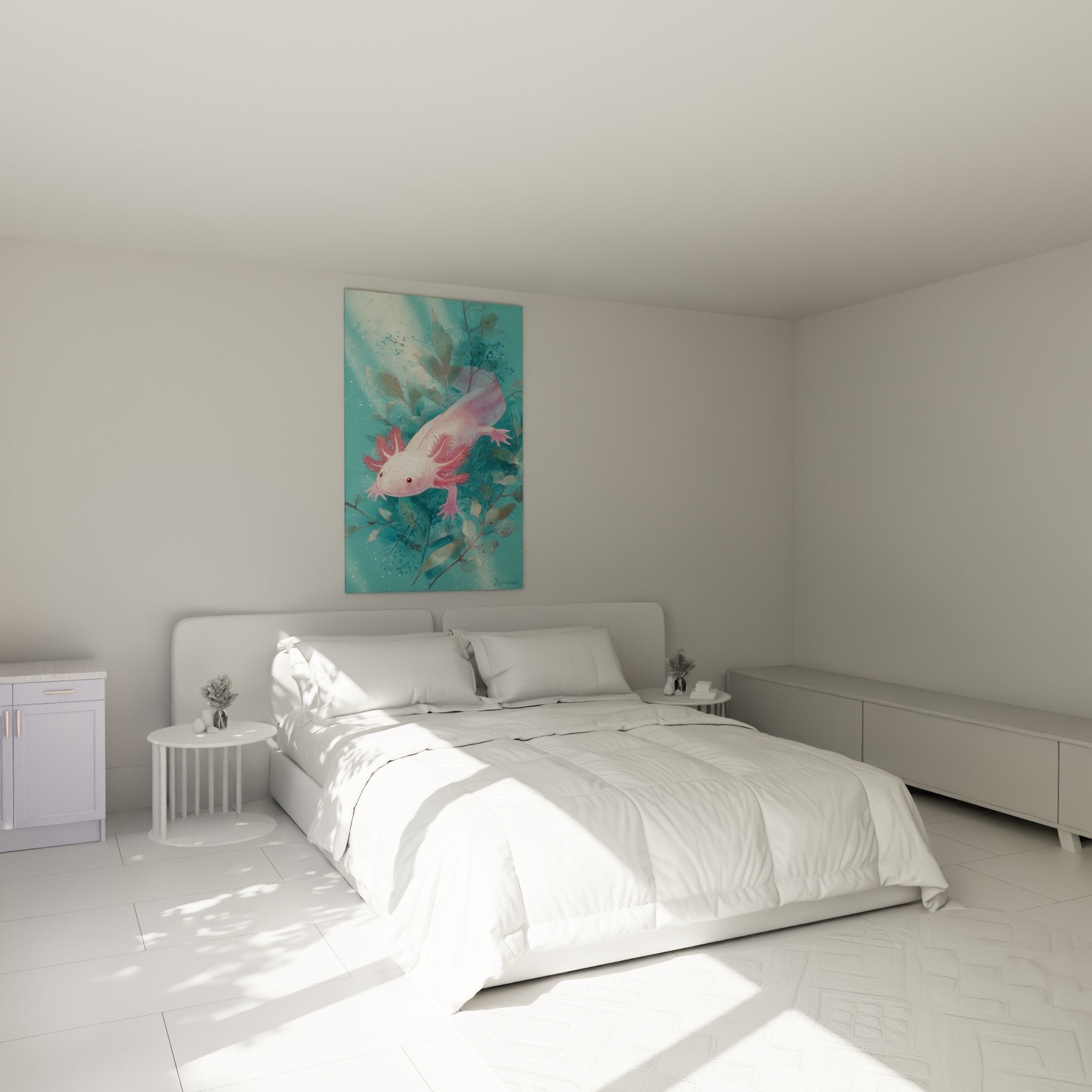 Décoration chambre avec tableau axolotl aquatique rose et turquoise, ambiance zen et apaisante