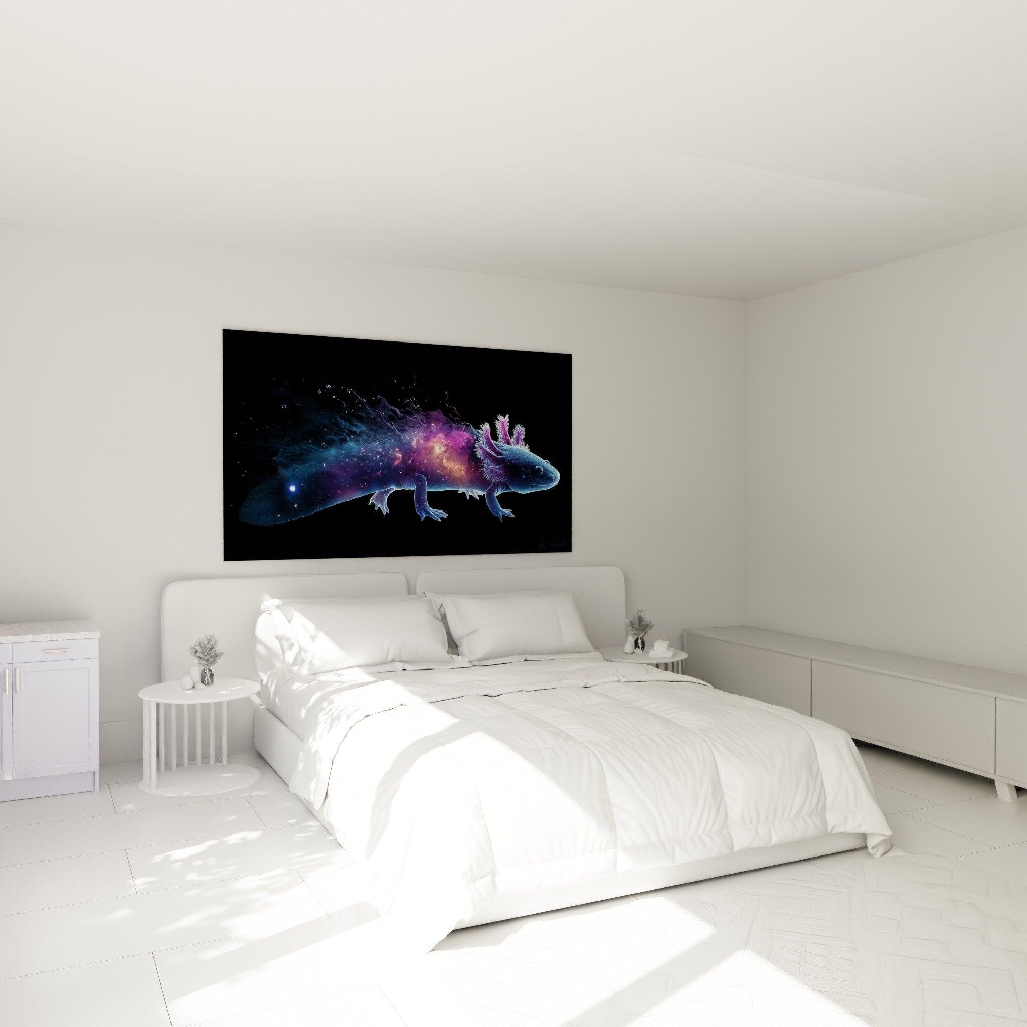 Tableau axolotl galactique décorant une chambre moderne avec mur sombre et mobilier contemporain