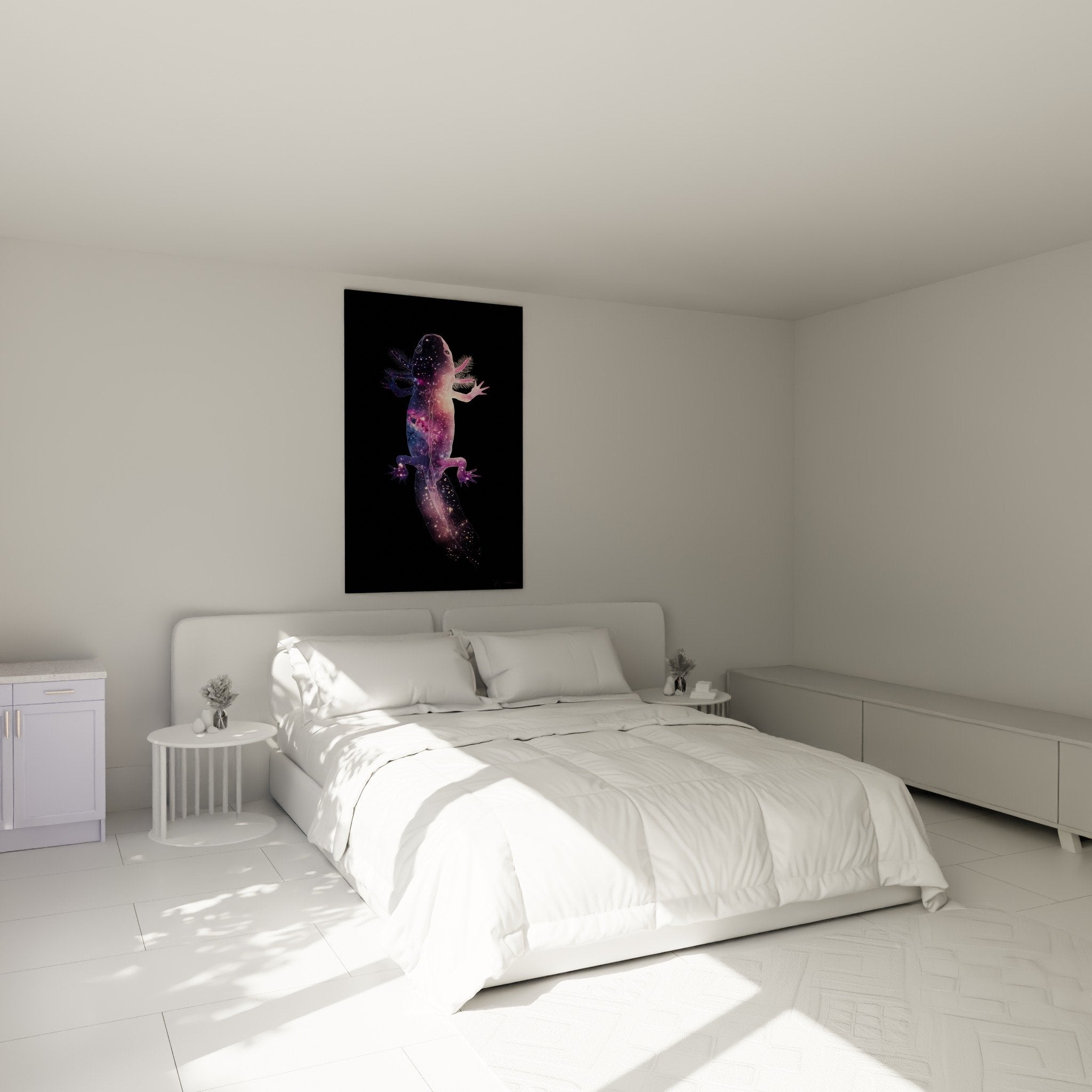 Décoration murale axolotl galactique violet rose dans chambre moderne aux tons neutres