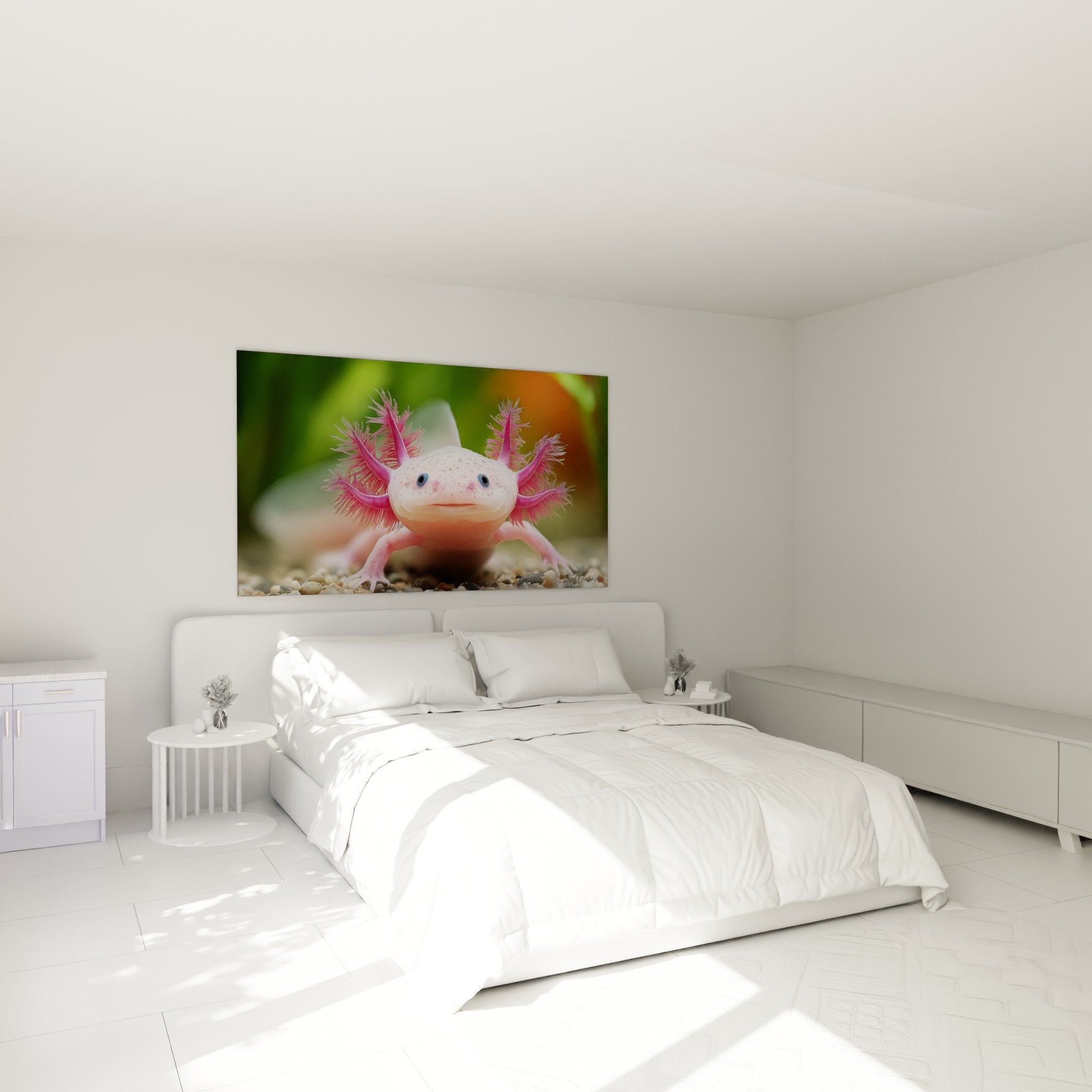 Tableau axolotl rose dans chambre moderne avec decoration murale tendance animaux