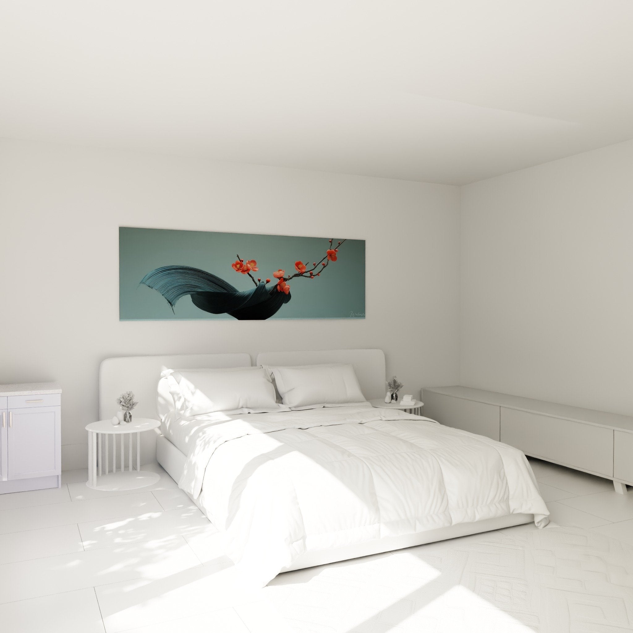 Décoration chambre avec tableau baleine et fleurs cerisier, ambiance zen et apaisante style Ikebana