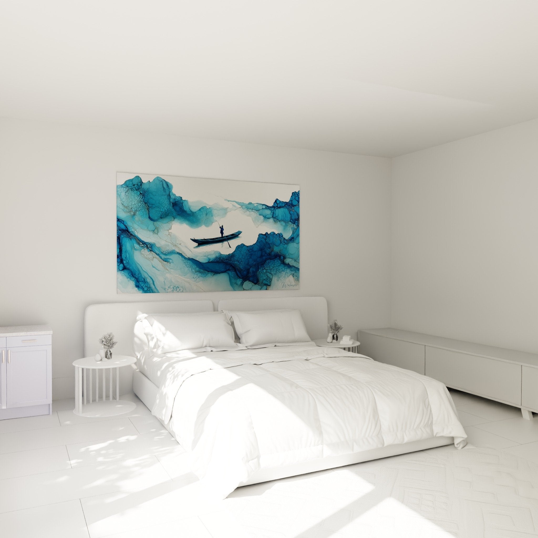 Decoration murale chambre barque bleue paysage aquatique ambiance zen apaisante feng shui