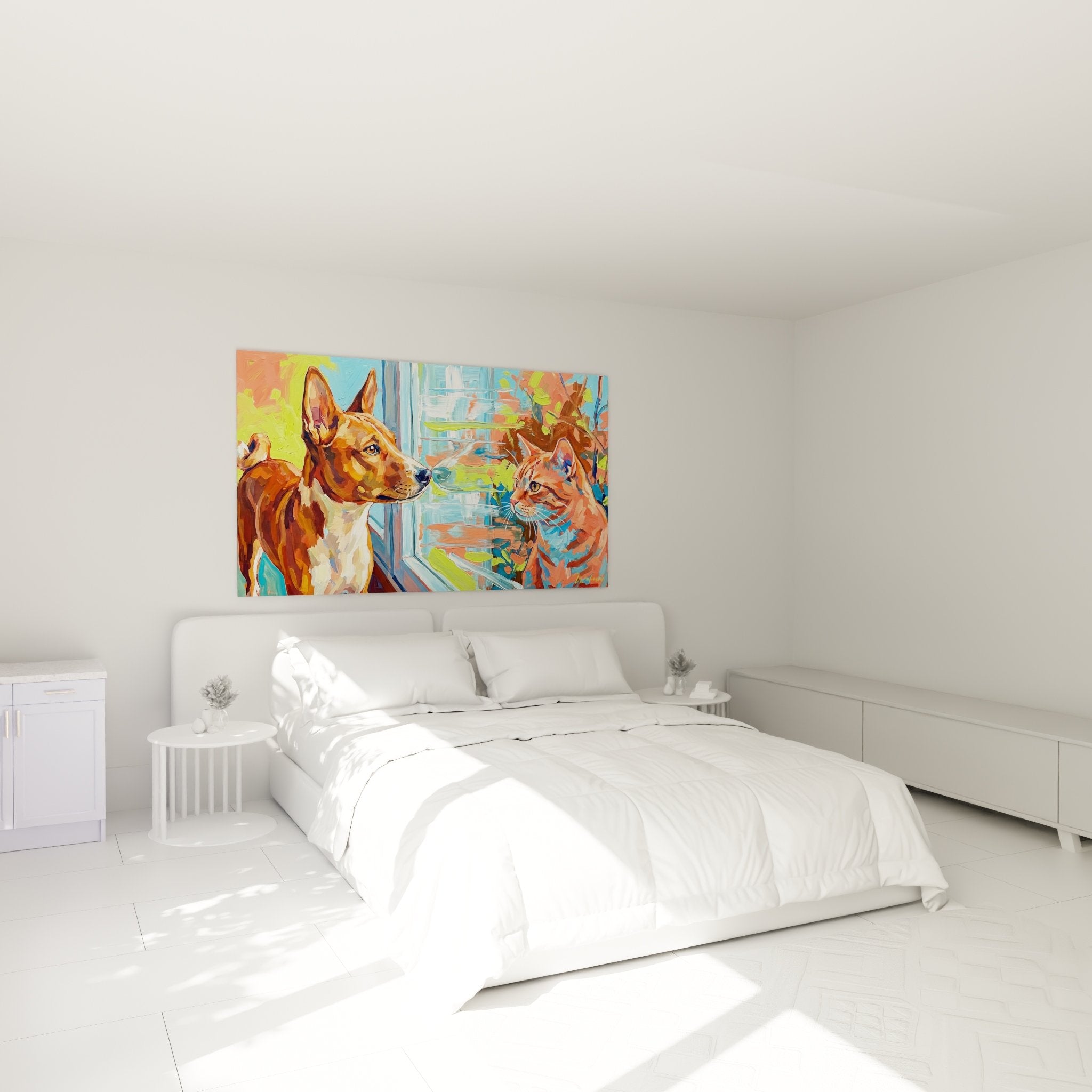 Decorazione camera da letto quadro cane Basenji gatto rosso atmosfera colorata moderna vicino finestra