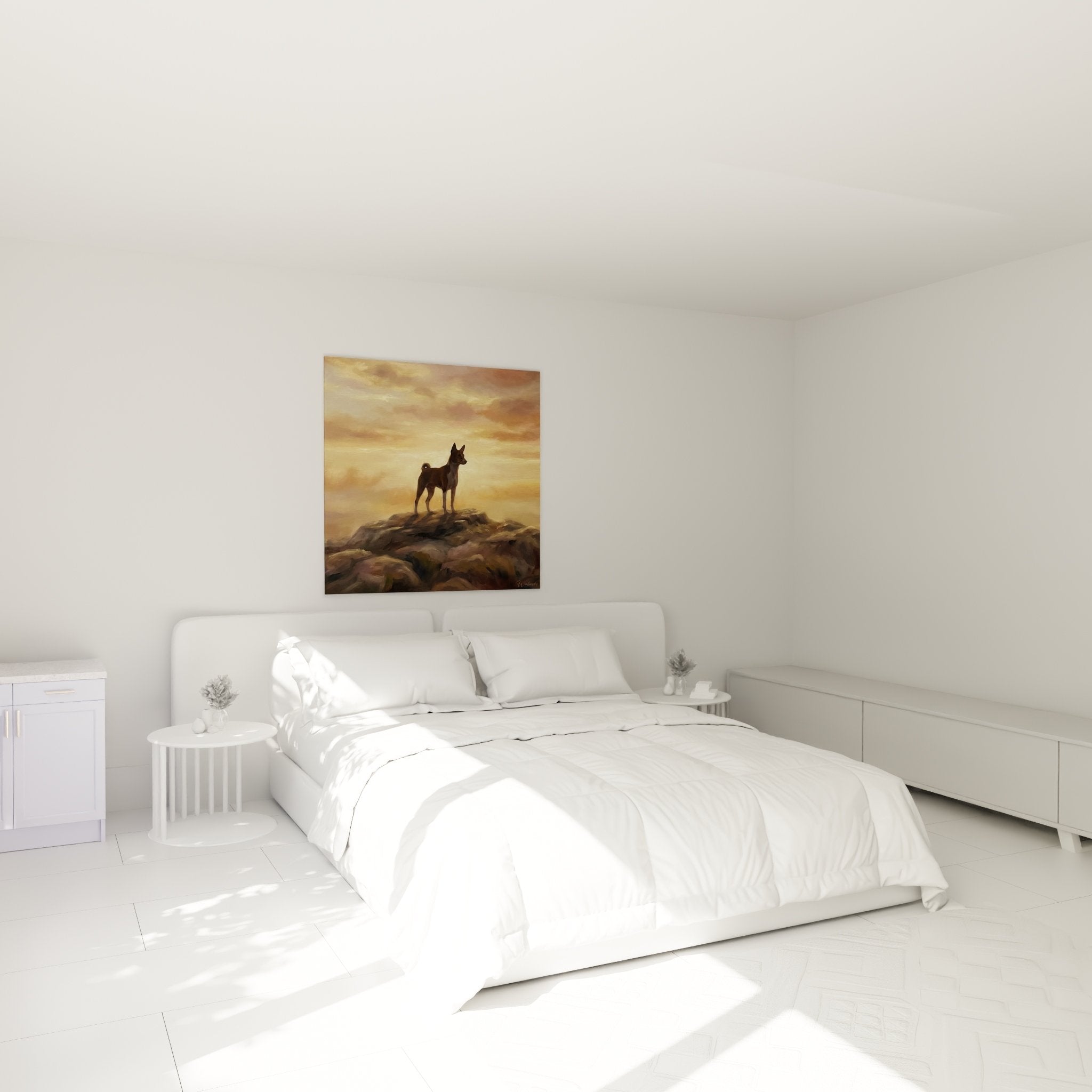 Basenji wall art sunset bedroom warm ambiance animal painting ochre golden tones