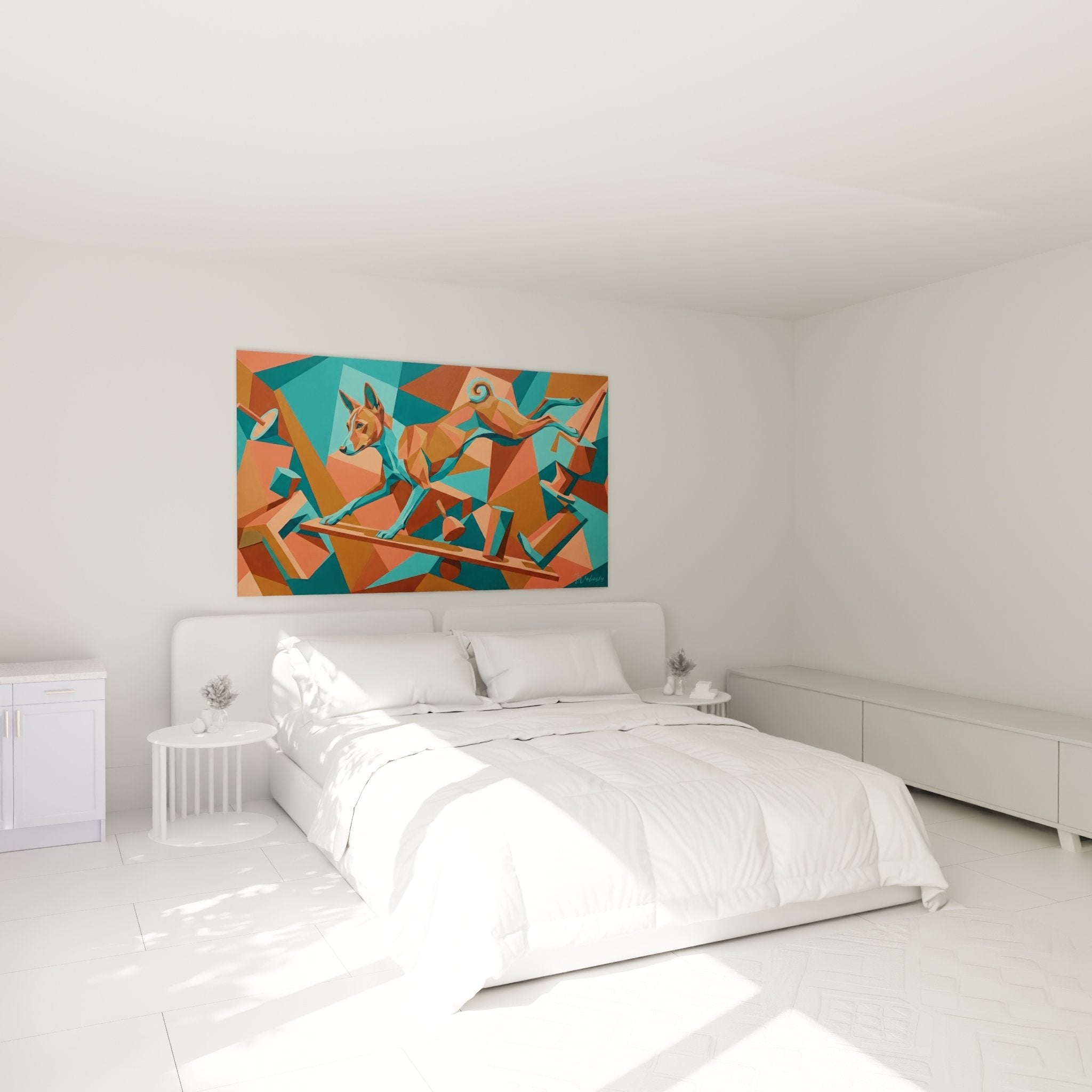 Schlafzimmer Deko Basenji geometrisches Gemälde Koralle Türkis moderne minimalistische Atmosphäre zeitgenössisches Wandkunst Design