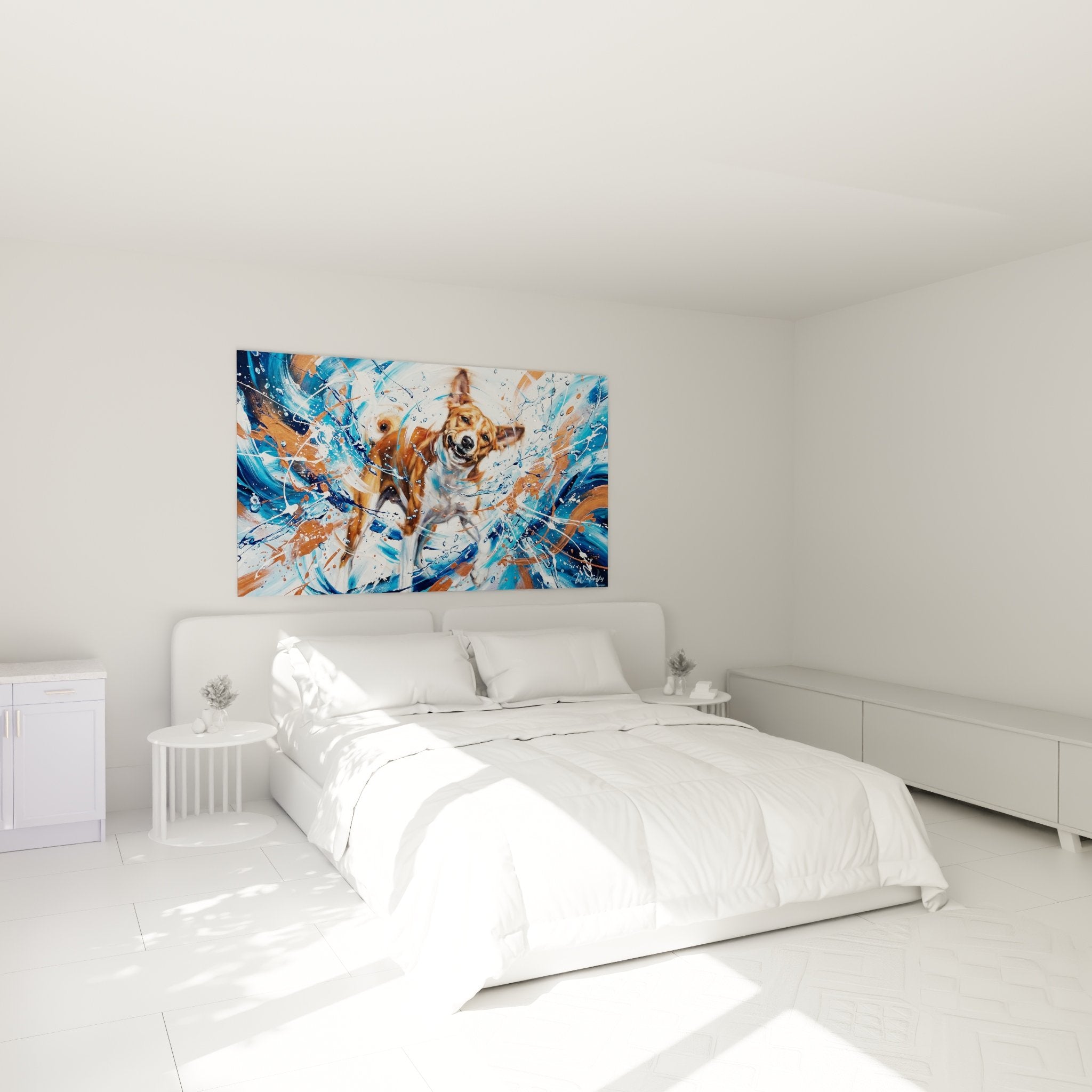Decoration murale chambre Basenji art canin moderne eclaboussures colorees ambiance dynamique contemporaine