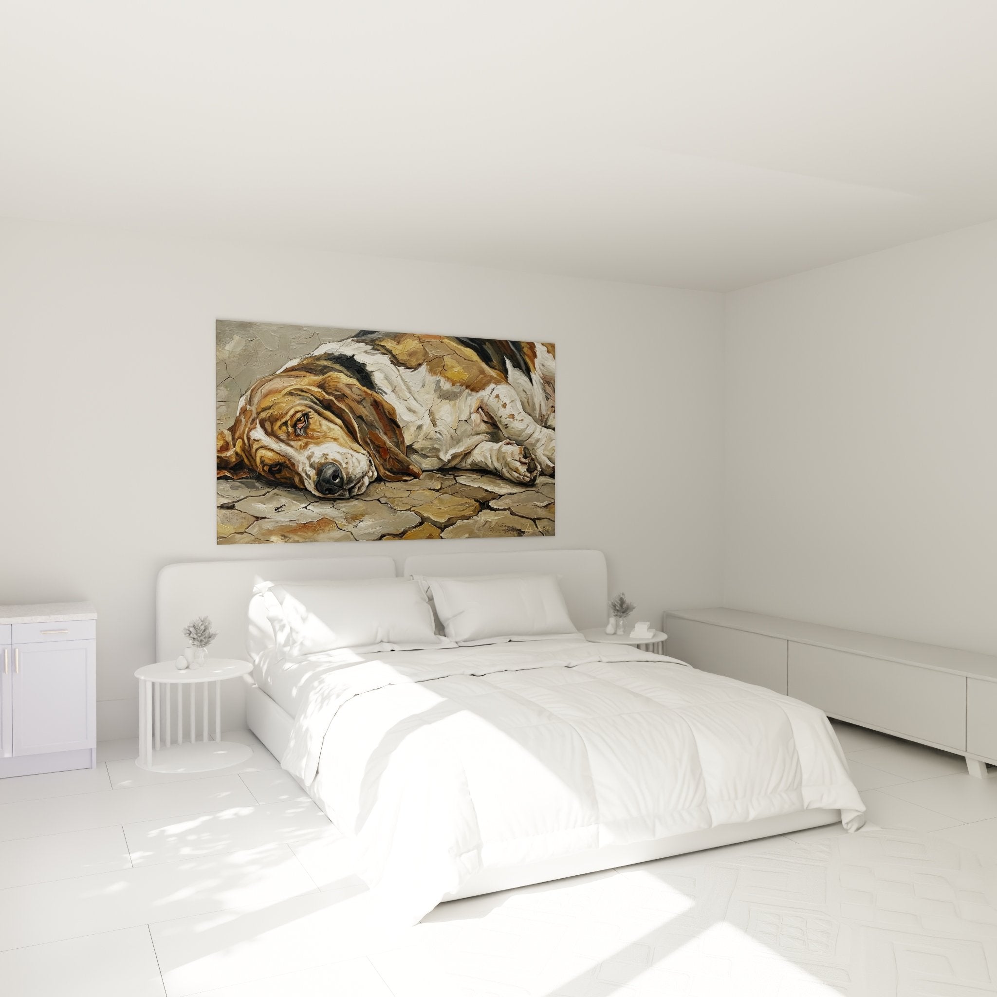 schlafzimmer-dekoration gemälde schlafender basset hound hund warme atmosphäre natürliche töne ocker