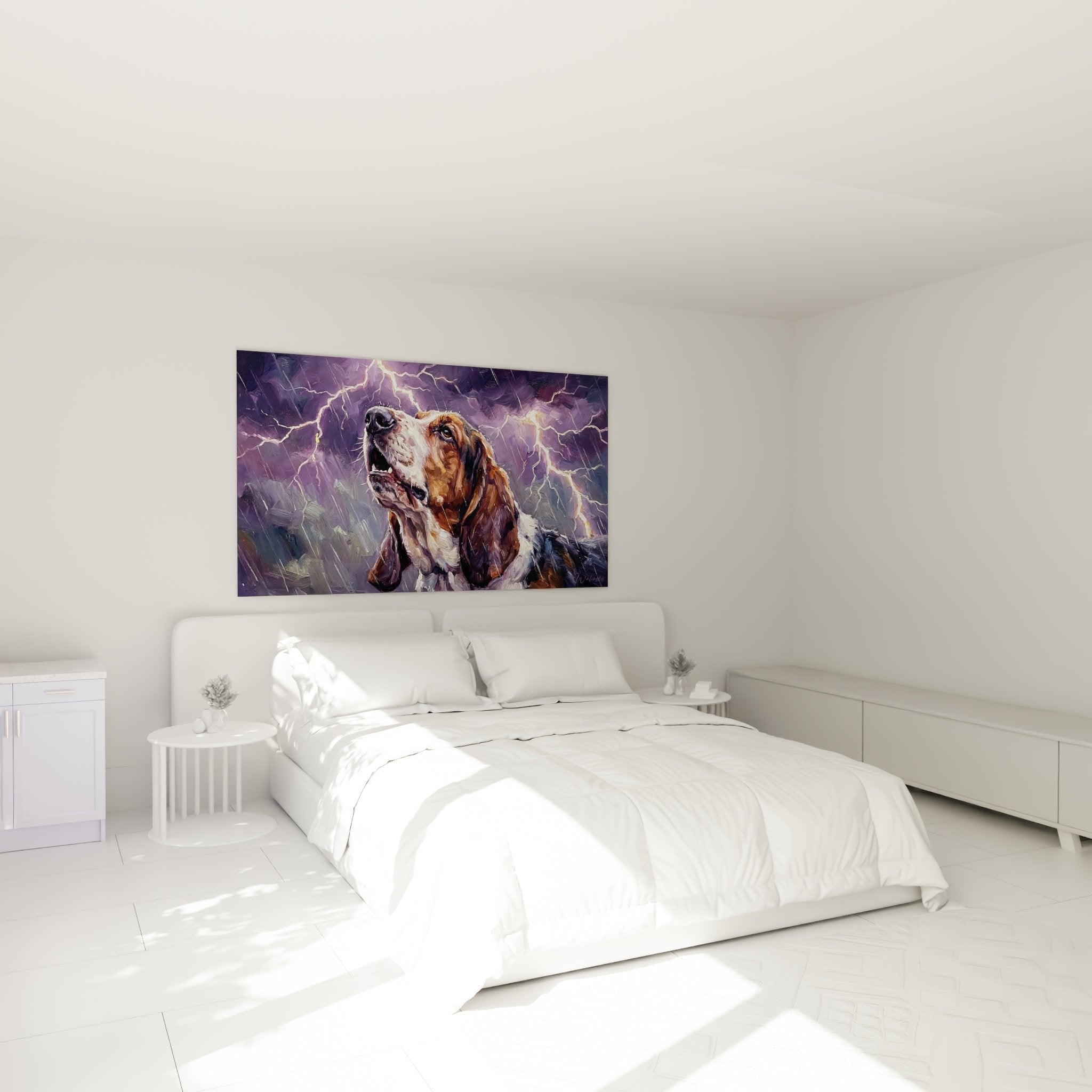 Basset hound wall art storm bedroom purple atmosphere dog painting under lightning calm ambiance