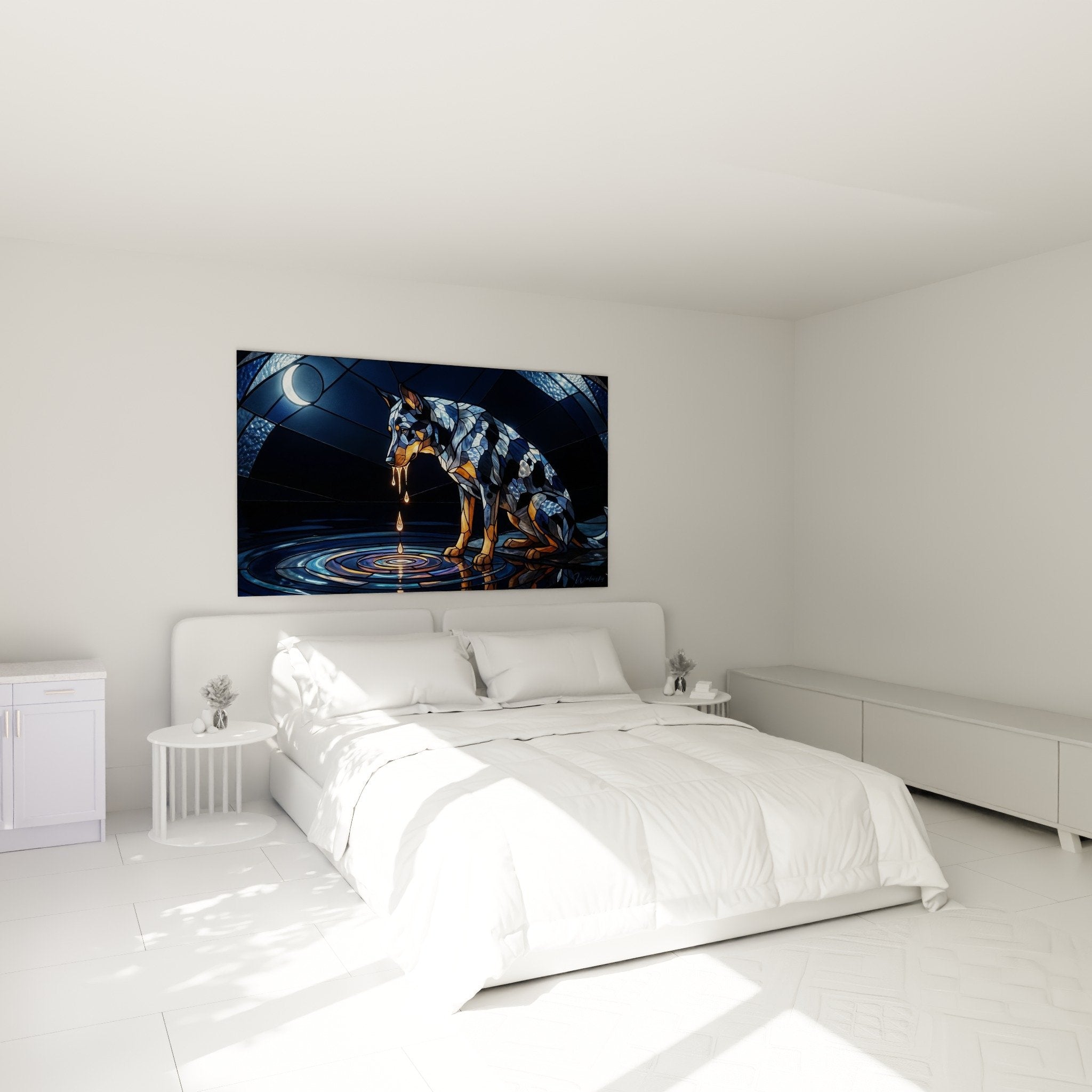 Decorazione murale Beauceron cristallizzato in camera moderna con palette blu profondo e atmosfera notturna rilassante