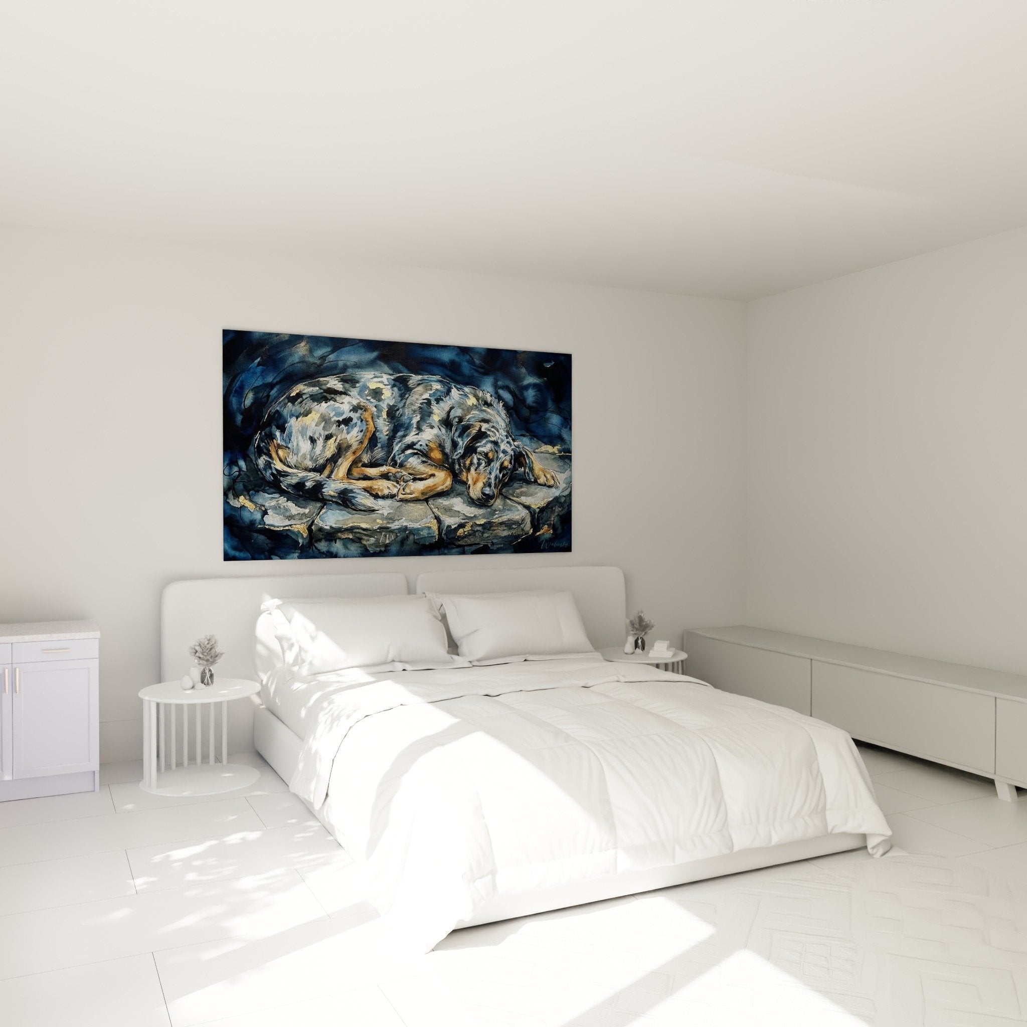 Wanddekoration Schlafzimmer mit Beauceron-Gemälde schlafend blaue Töne gemütliche Atmosphäre erholsamer friedlicher Schlaf