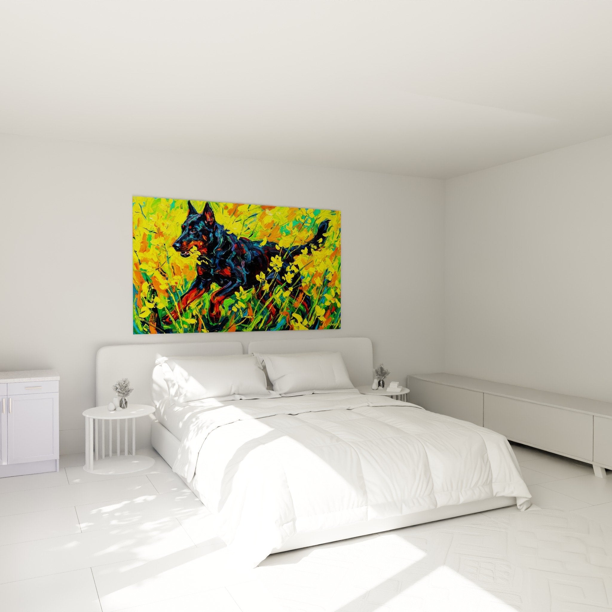 Beauceron flower meadow wall decoration in bedroom with natural and colorful atmosphere