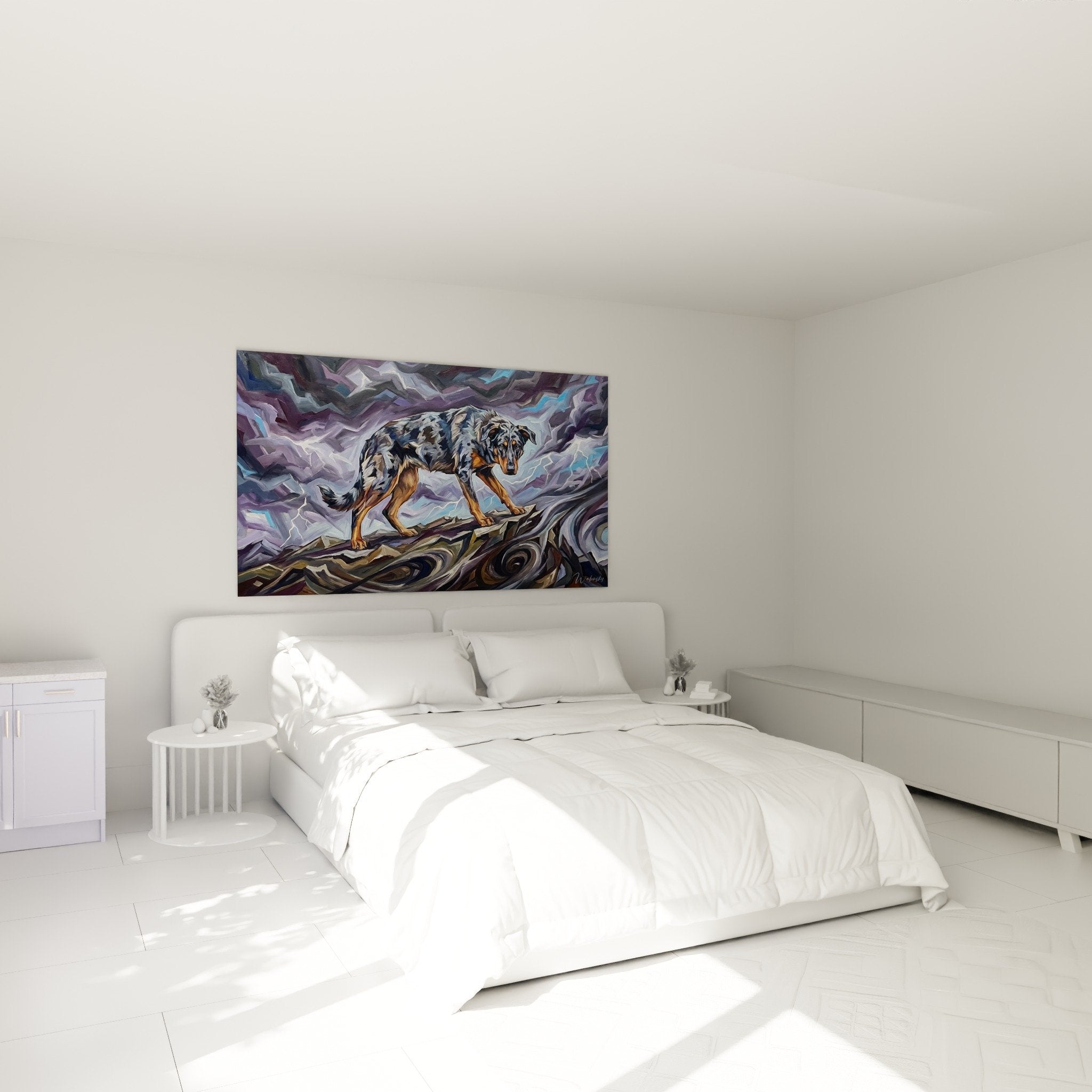 Schlafzimmerdekoration mit Beauceron-Sturm-Gemälde, modernes purpurfarbenes und kupferfarbenes Ambiente, Hundekunst an der Wand