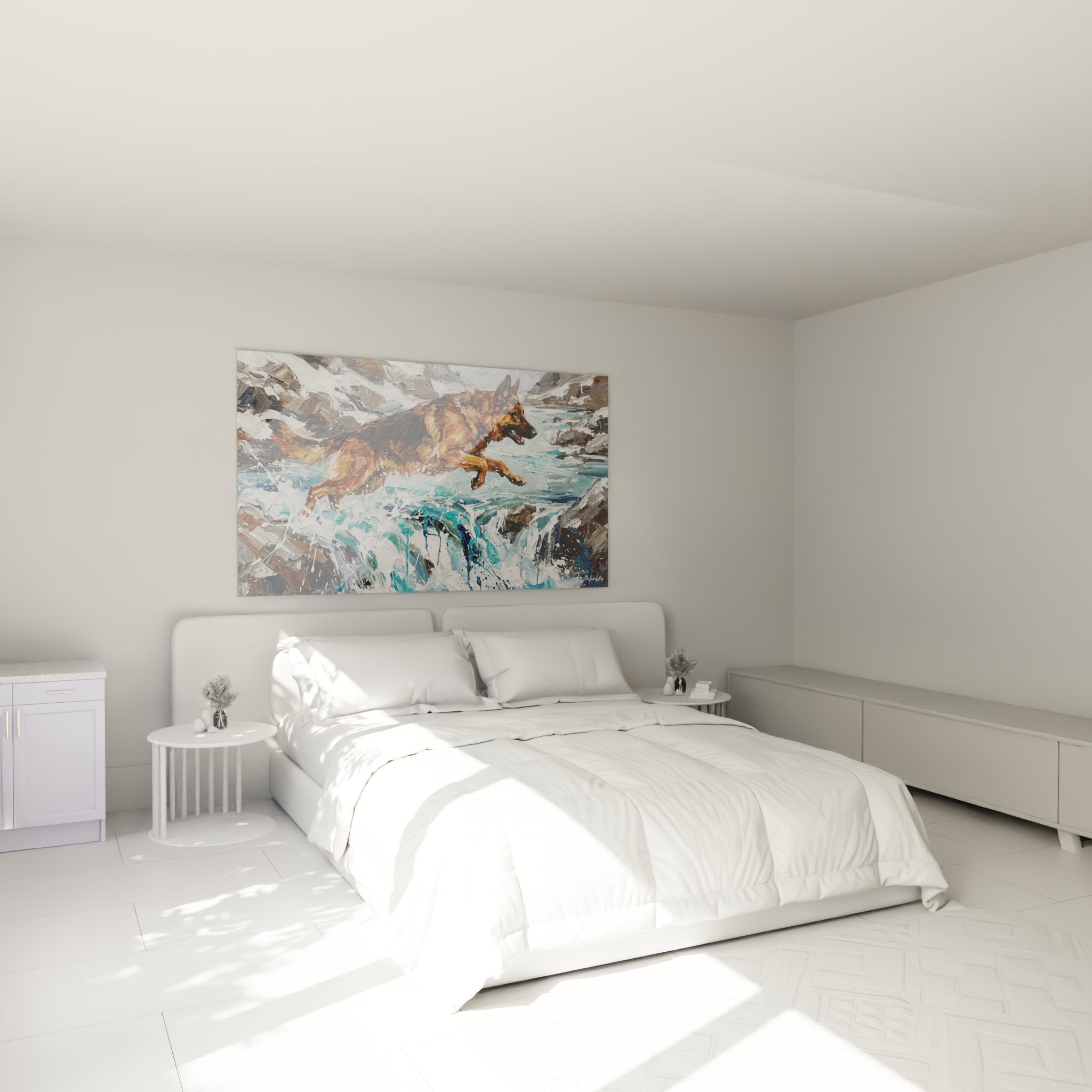 Schlafzimmer-Dekoration mit dynamischem Deutscher Schäferhund Gemälde in Ocker- und Türkistönen in Berggebirgsfluss