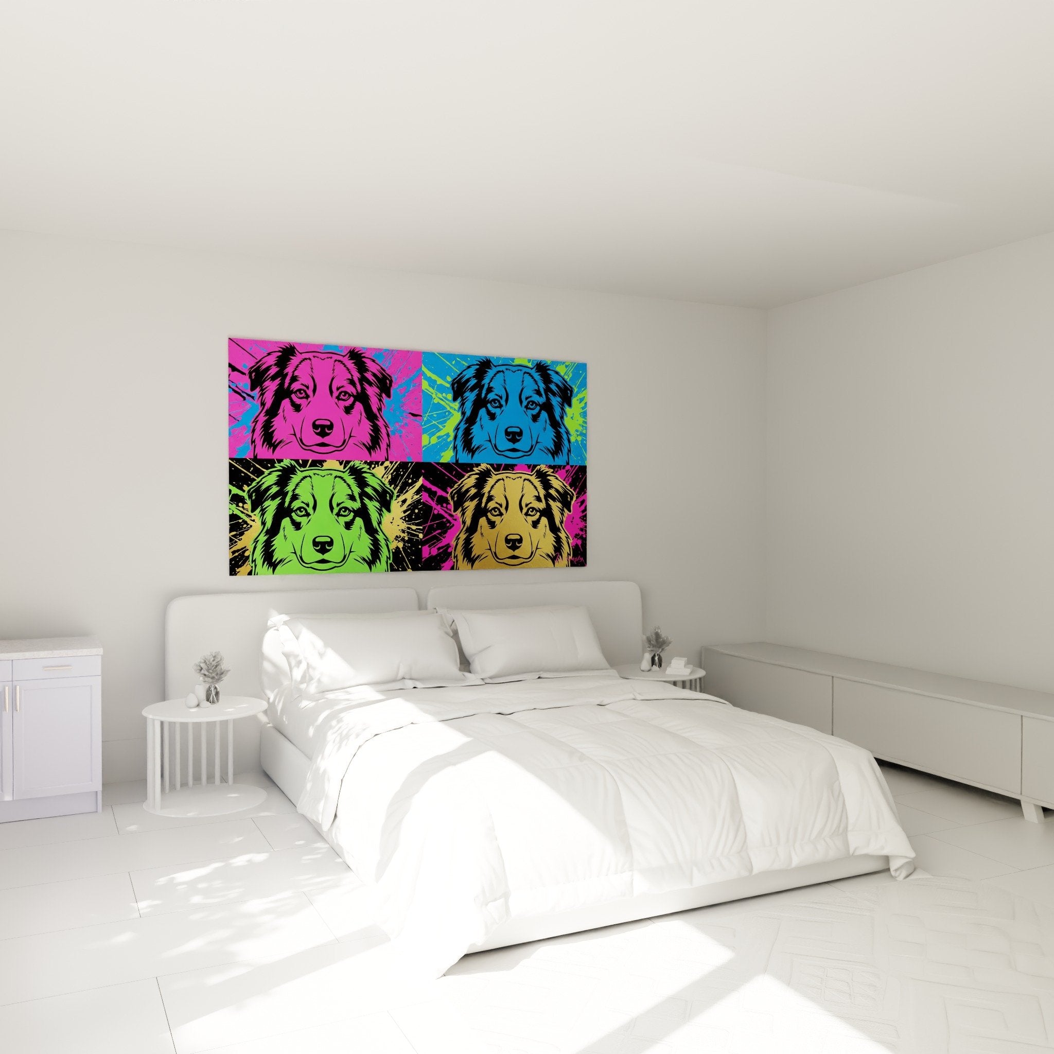 Miniature American Shepherd pop art bedroom wall decor four vibrant colors white wall