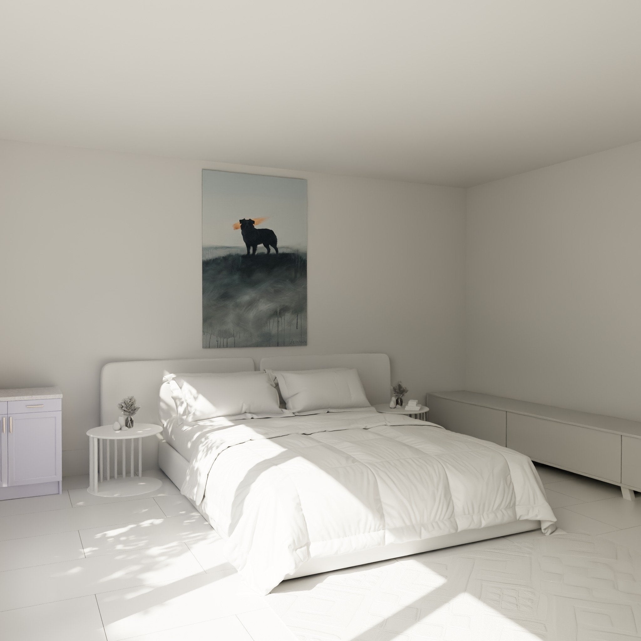 bedroom wall decor shepherd silhouette painting zen atmosphere watercolor gray orange white wall
