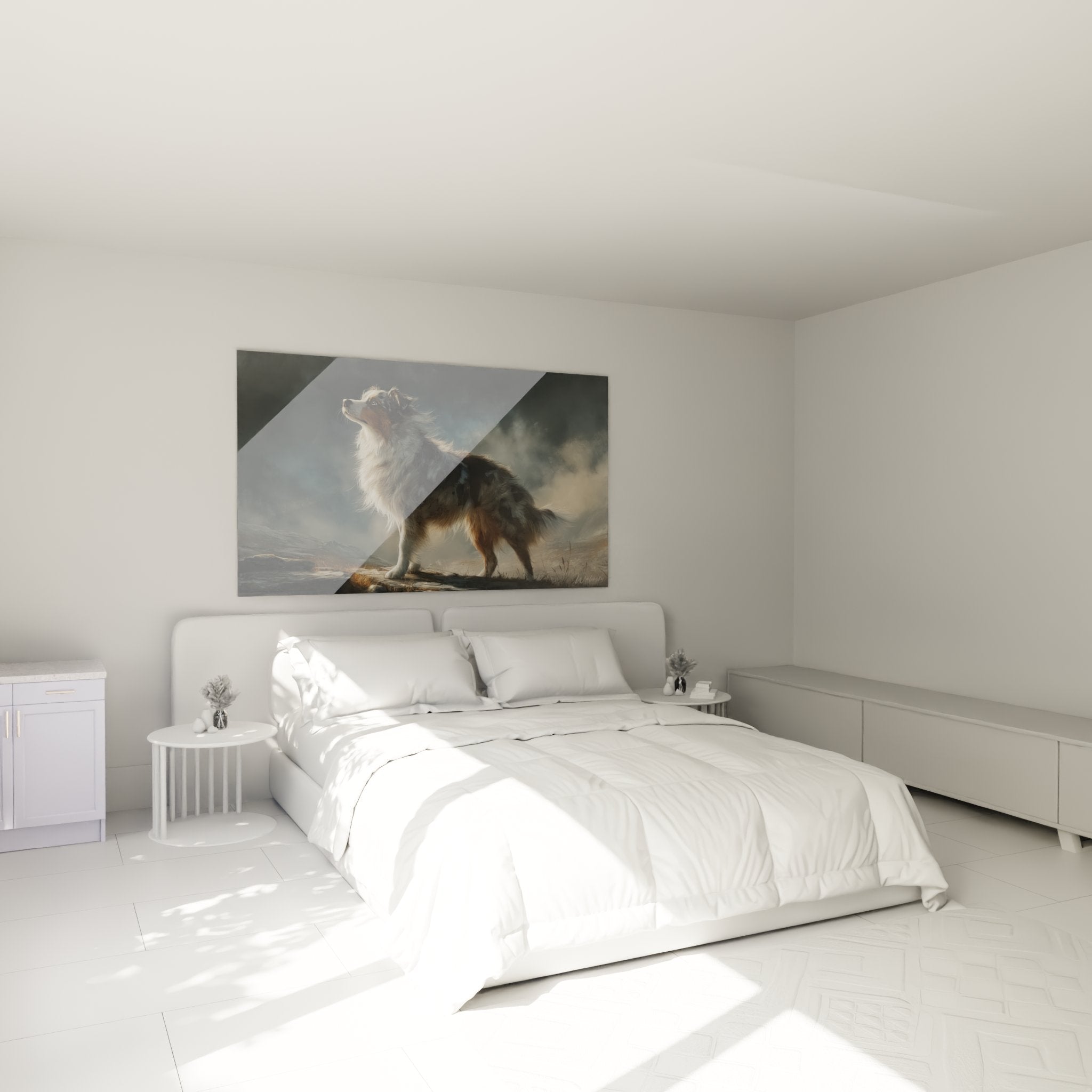 Contemplative tricolour Australian Shepherd wall art hanging above bed in serene modern bedroom