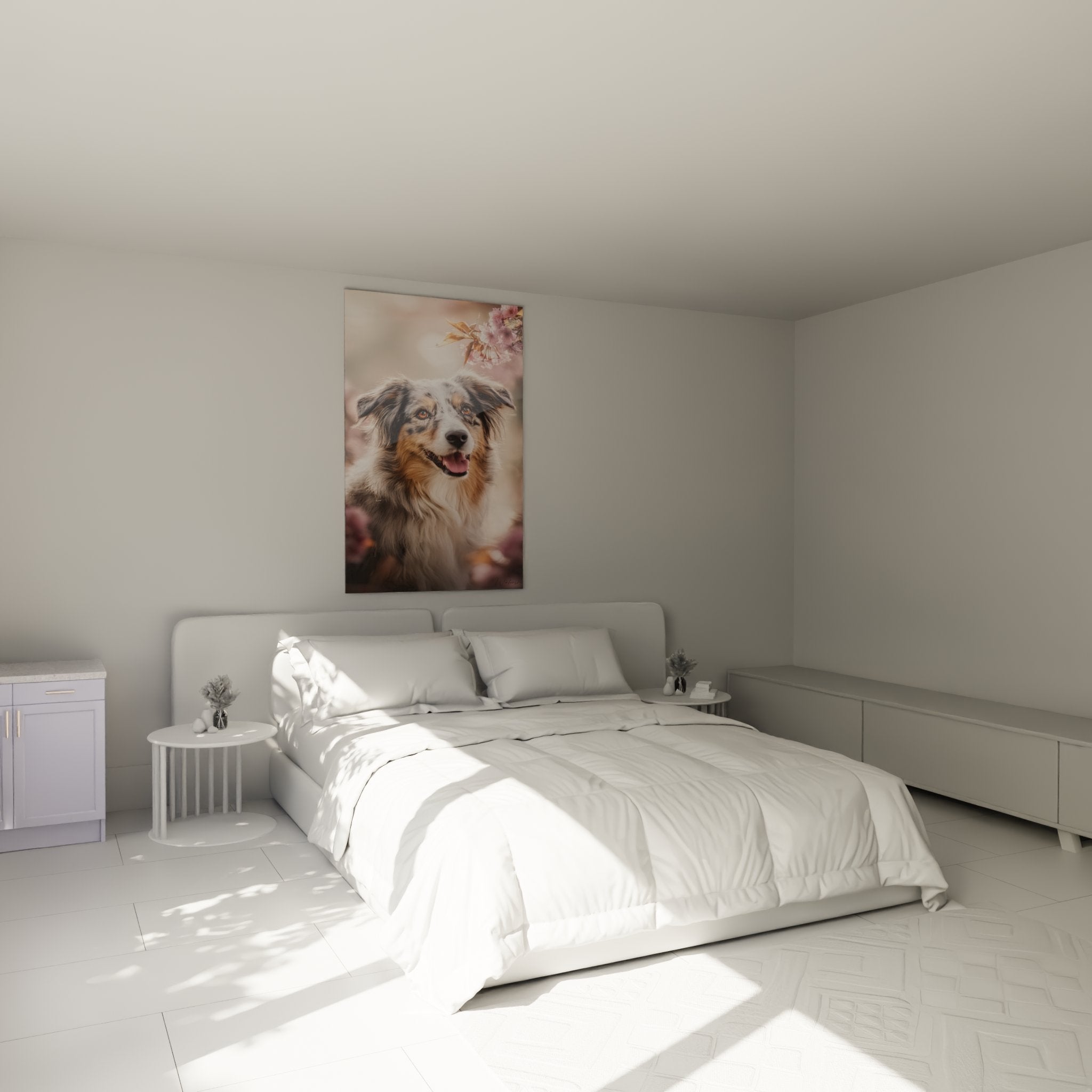 Australian Shepherd Blütenbild Kirschblüten im modernen Schlafzimmer, Wanddekoration in Rosa und Beige, sanfte Atmosphäre
