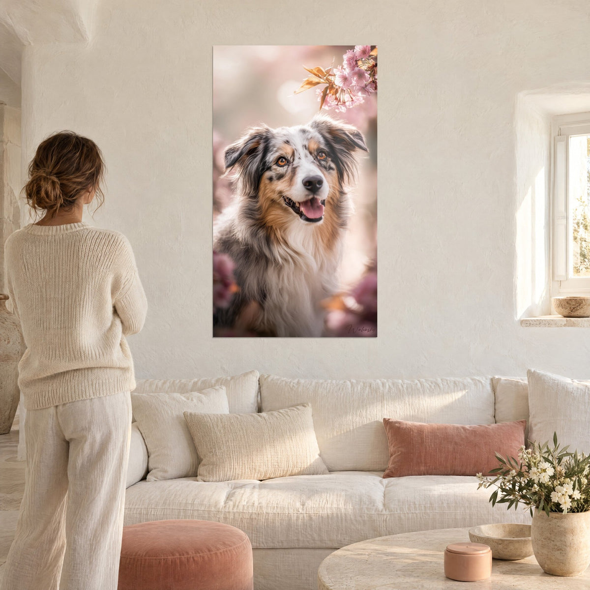 Schilderij blue merle hond met amberkleurige ogen onder roze kersenbloesems, vrouw van achteren, boven een bank in een lichte woonkamer