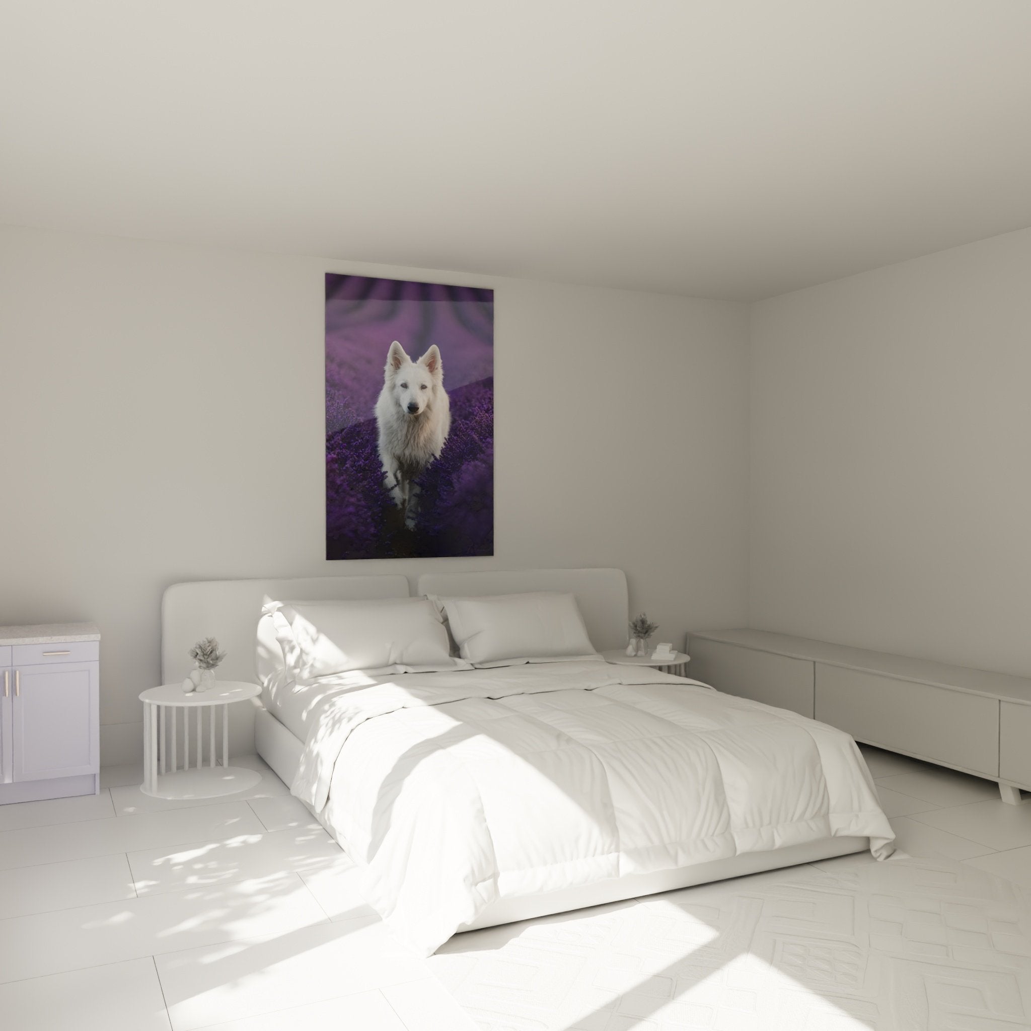 decoration chambre tableau berger blanc suisse lavandes violettes ambiance zen nature