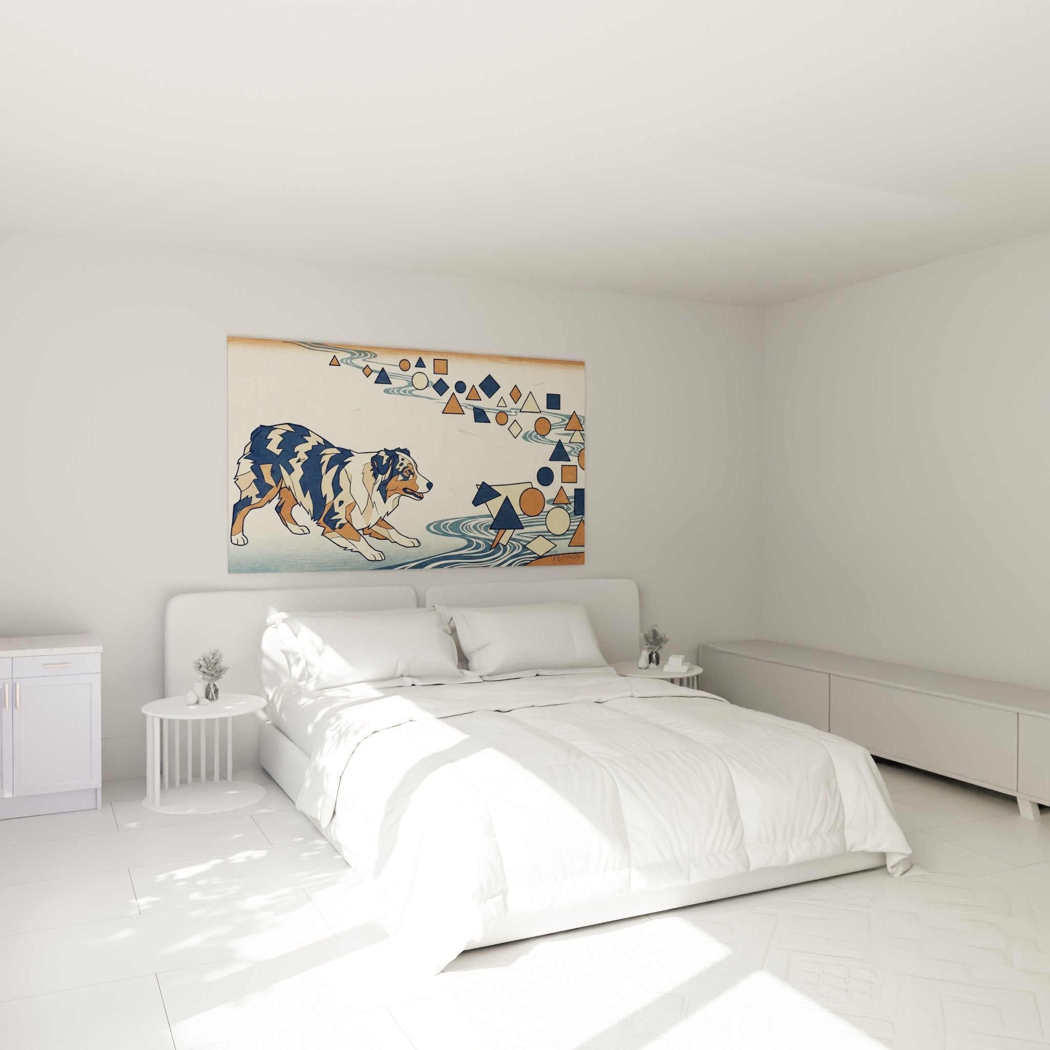 deco chambre tableau chien berger geometrique bleu beige ambiance contemporaine murale