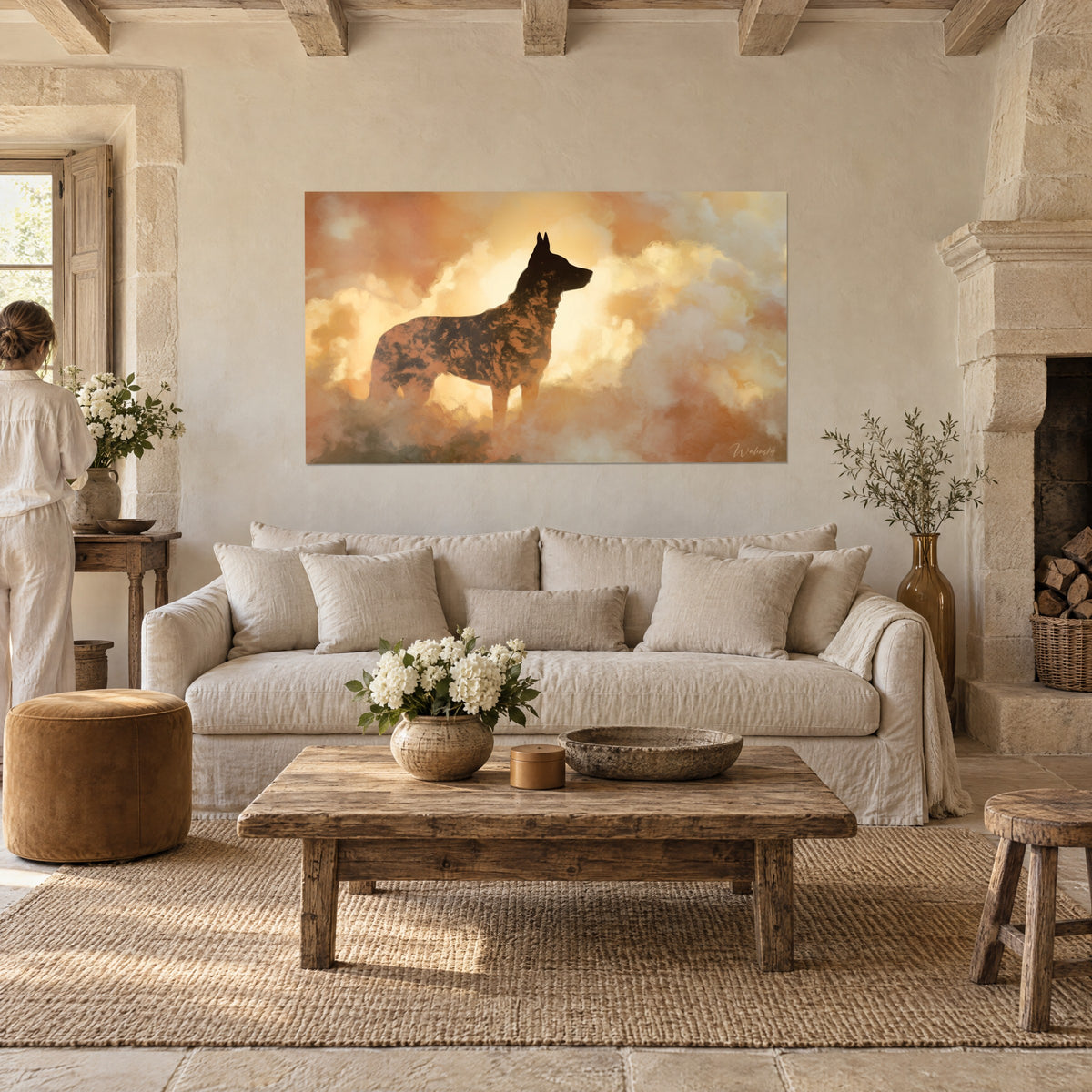 Wall art herding dog in dark silhouette, ochre and cream clouds, person seen from behind, above a sofa in a bright living room