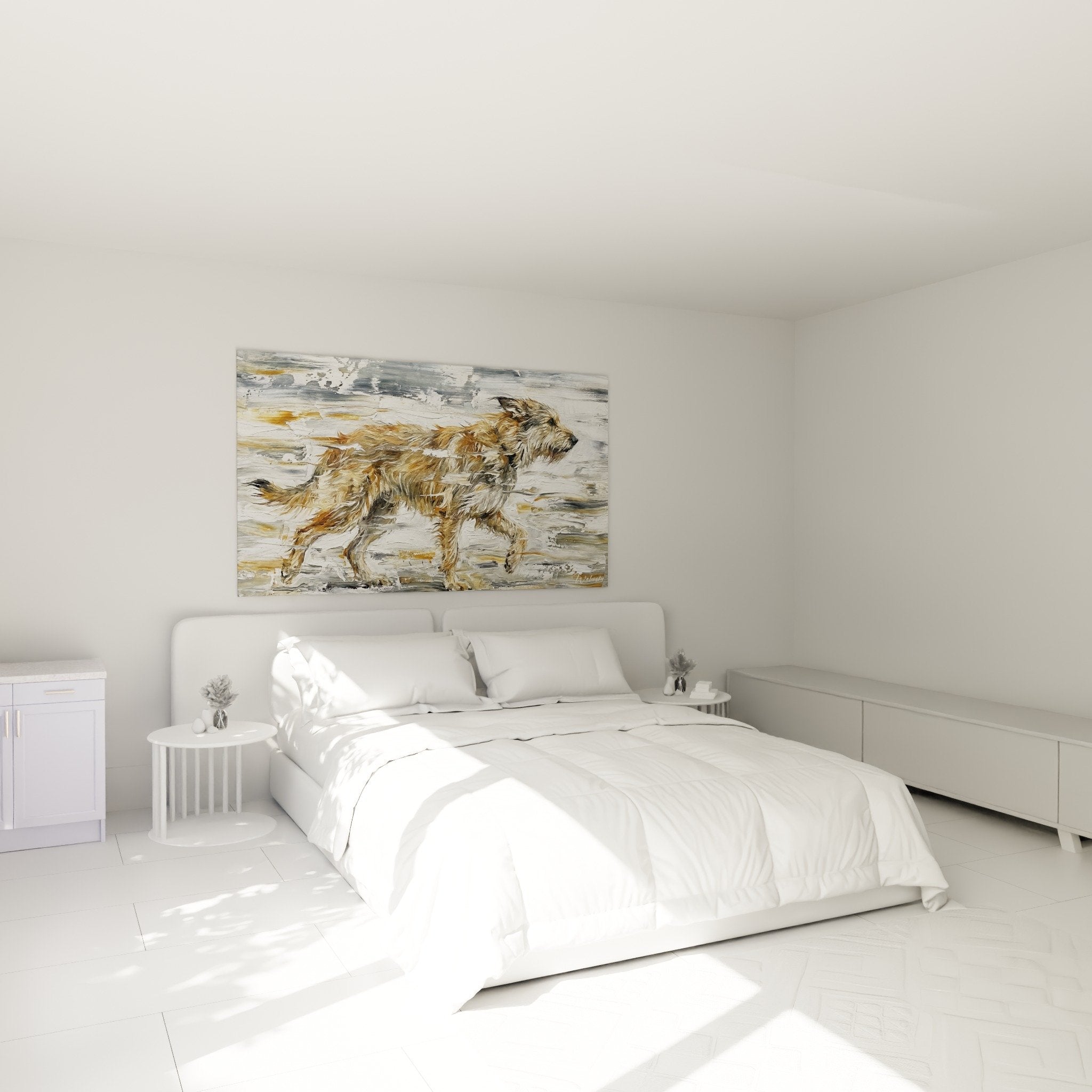 Bedroom decoration with dynamic Picardy Shepherd dog painting in beige and gold tones
