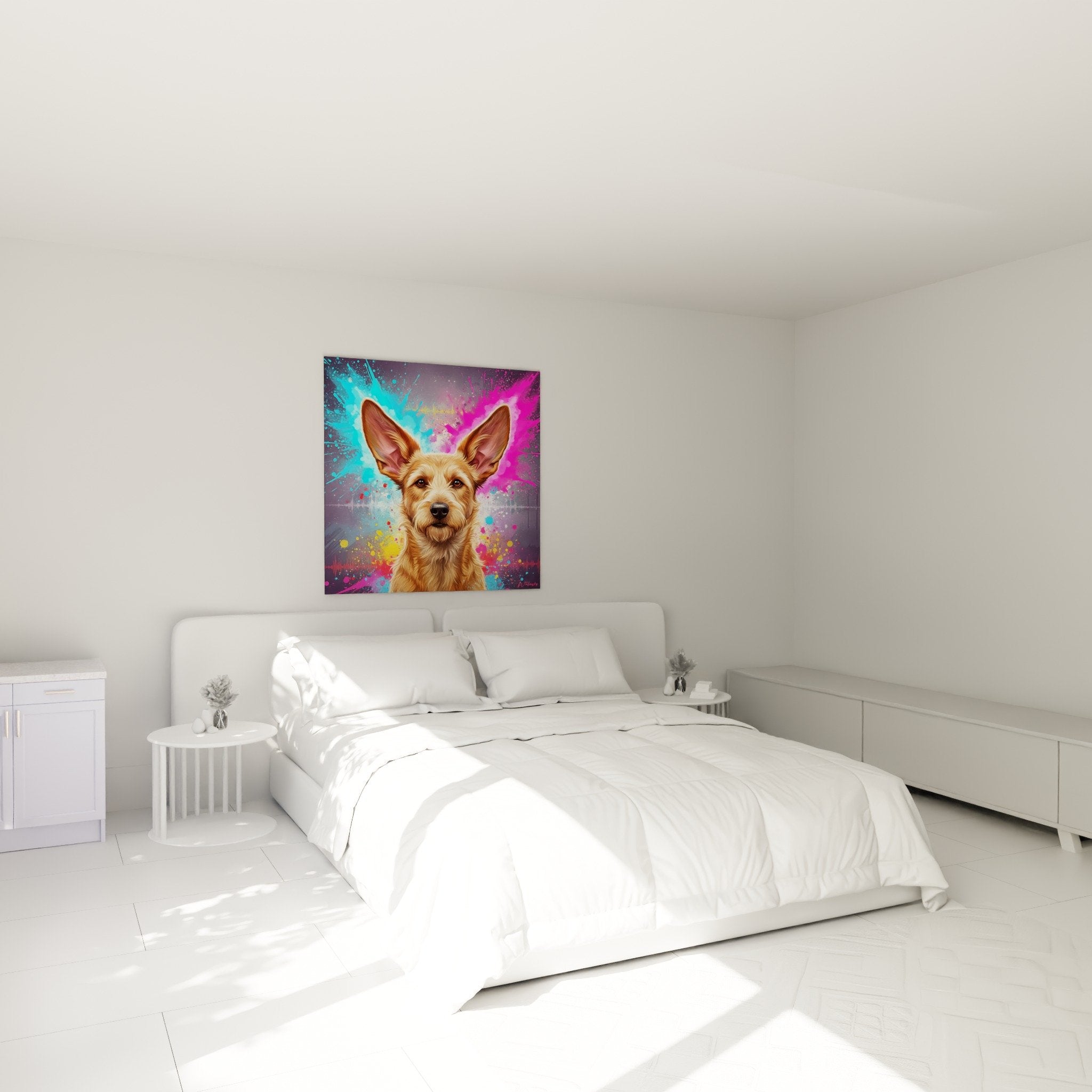 Wall decoration bedroom with Picardy Shepherd portrait street art style bright colors eclectic modern